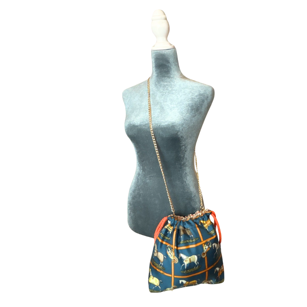 Petites Chevaux Teal Vintage Silk Scarf Drawstring Crossbody Bag