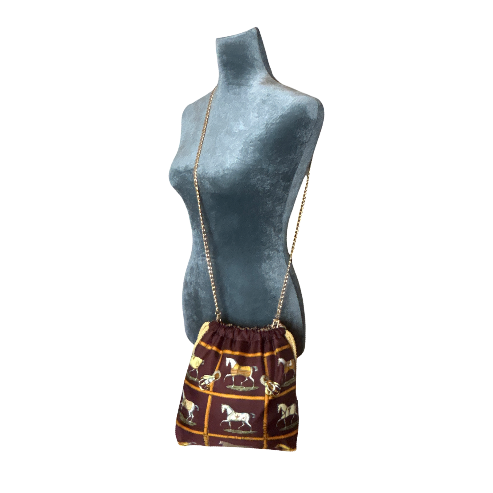 Petites Chevaux Brown Vintage Scarf Drawstring Crossbody Bag