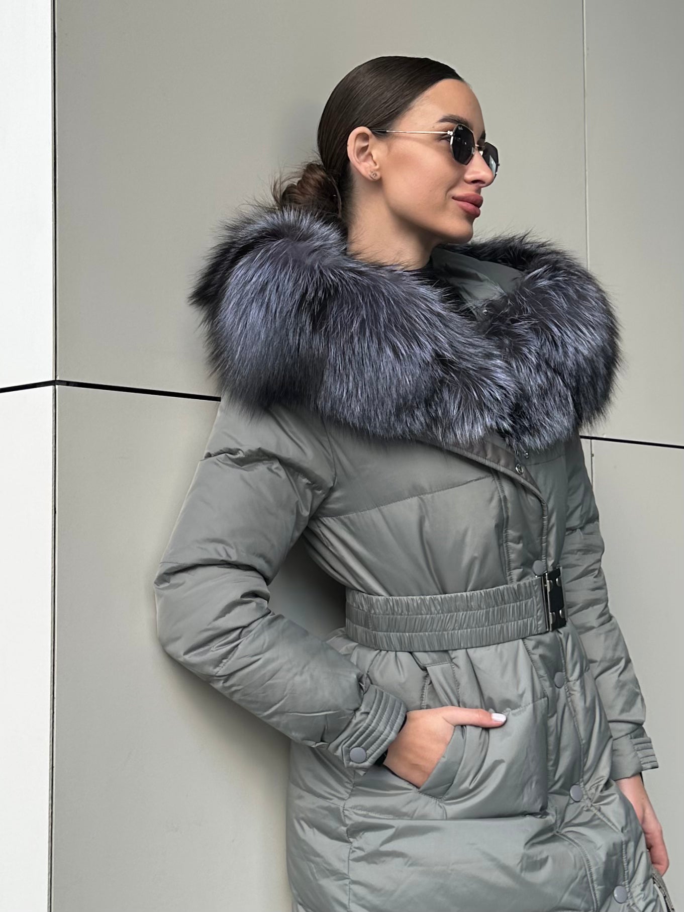 Genuine Silver Fox Down Belted Puffer Parka