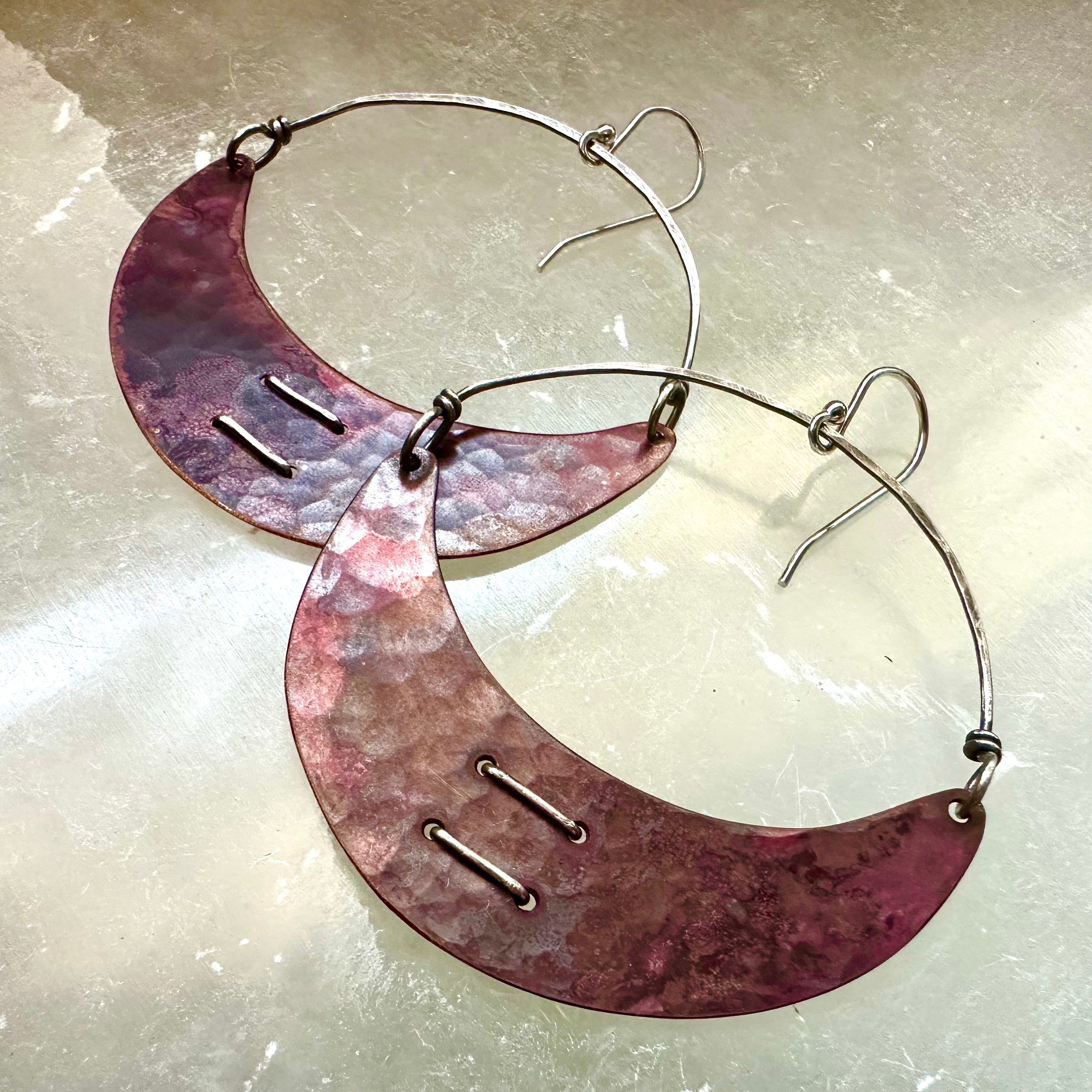 Stitched Copper Crescent Earrings