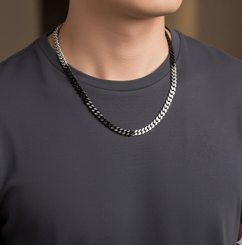 C138BW B.Tiff 8mm 2 Tone Matte Black & High Polish Stainless Steel Flat Cuban Link Necklace