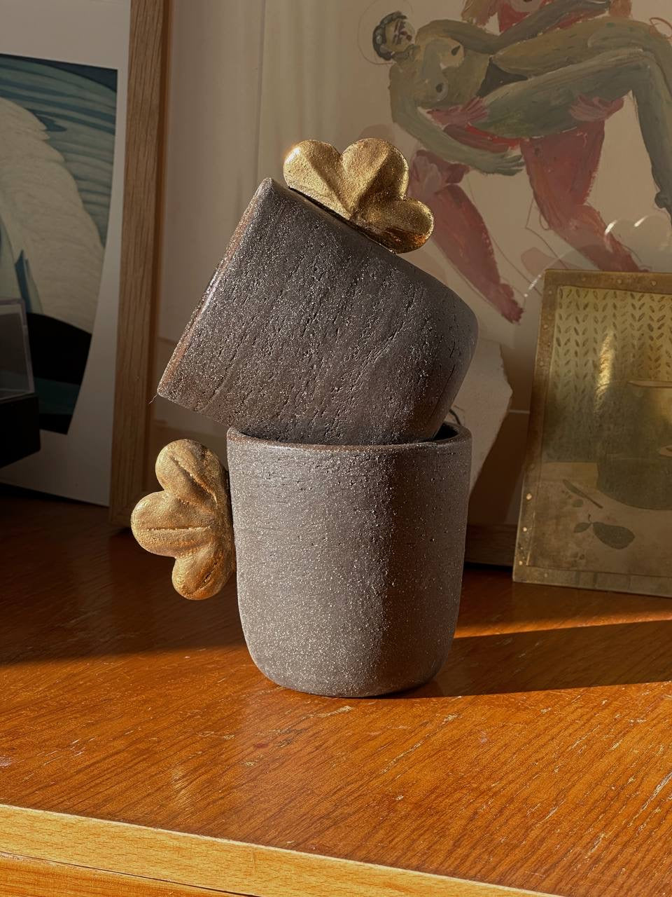 Handmade Stoneware Coffee Cup "Pumpernickel" with Gold Wing