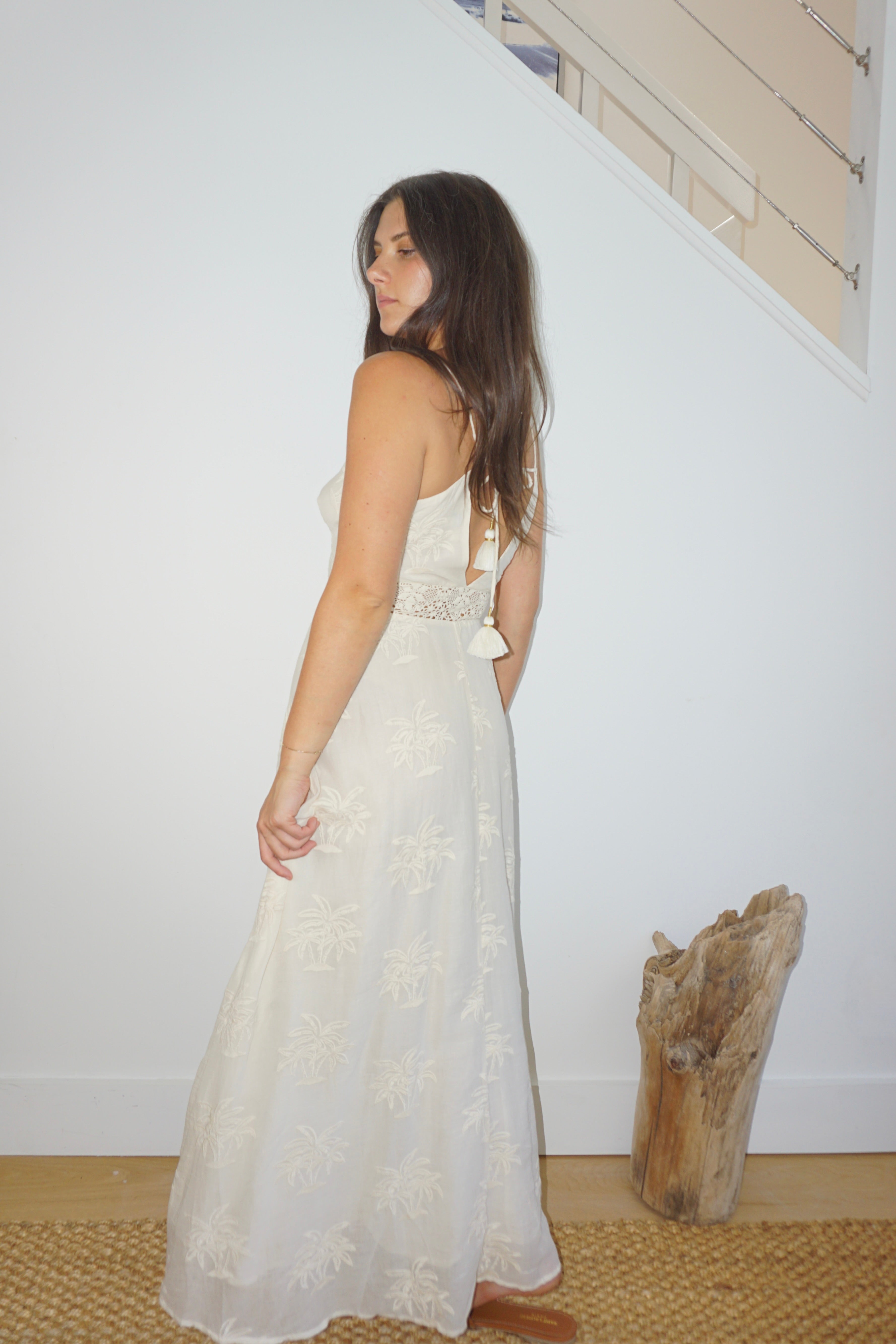 Isabella Dress in Cream Palm Embr