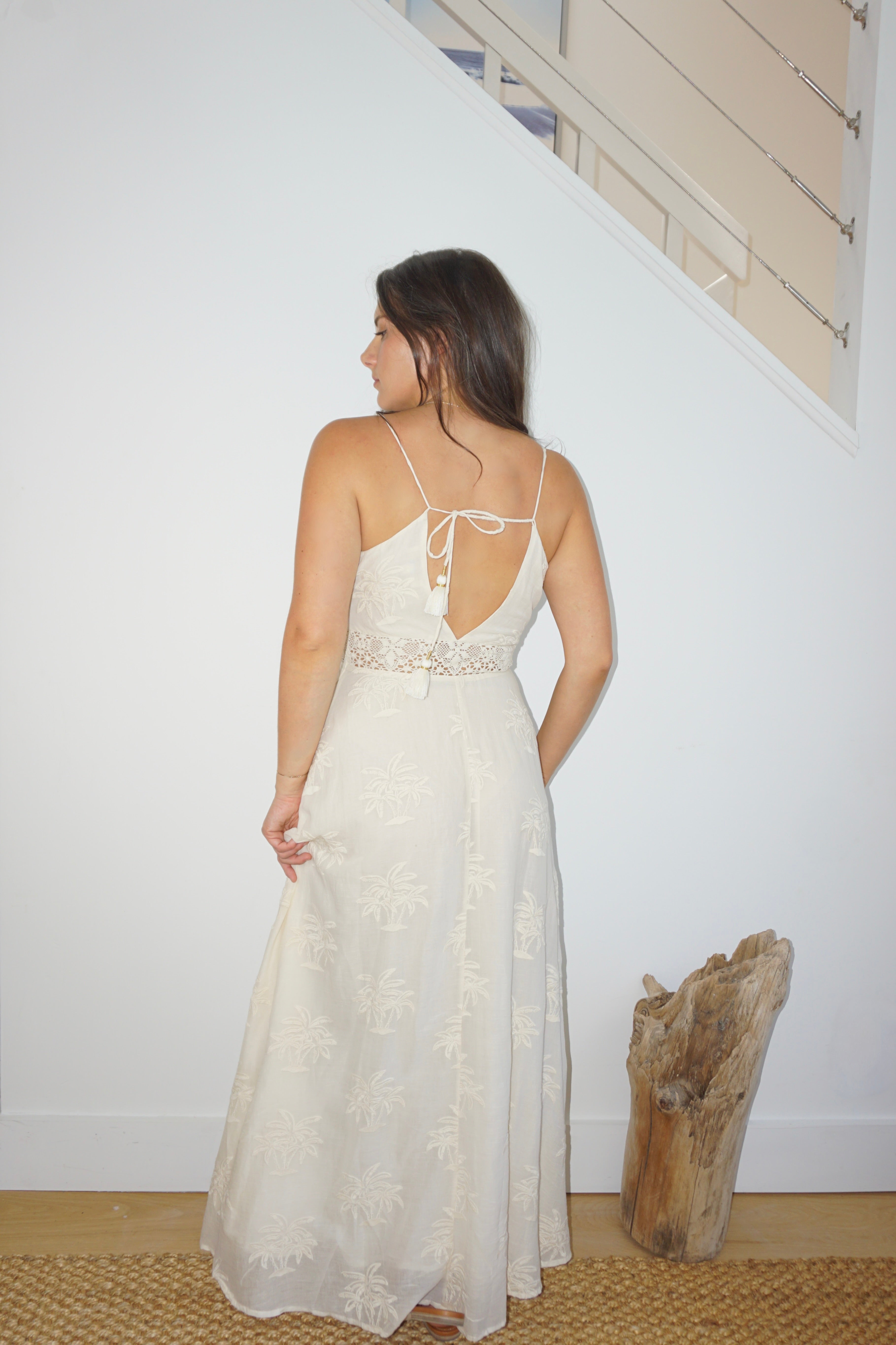 Isabella Dress in Cream Palm Embr