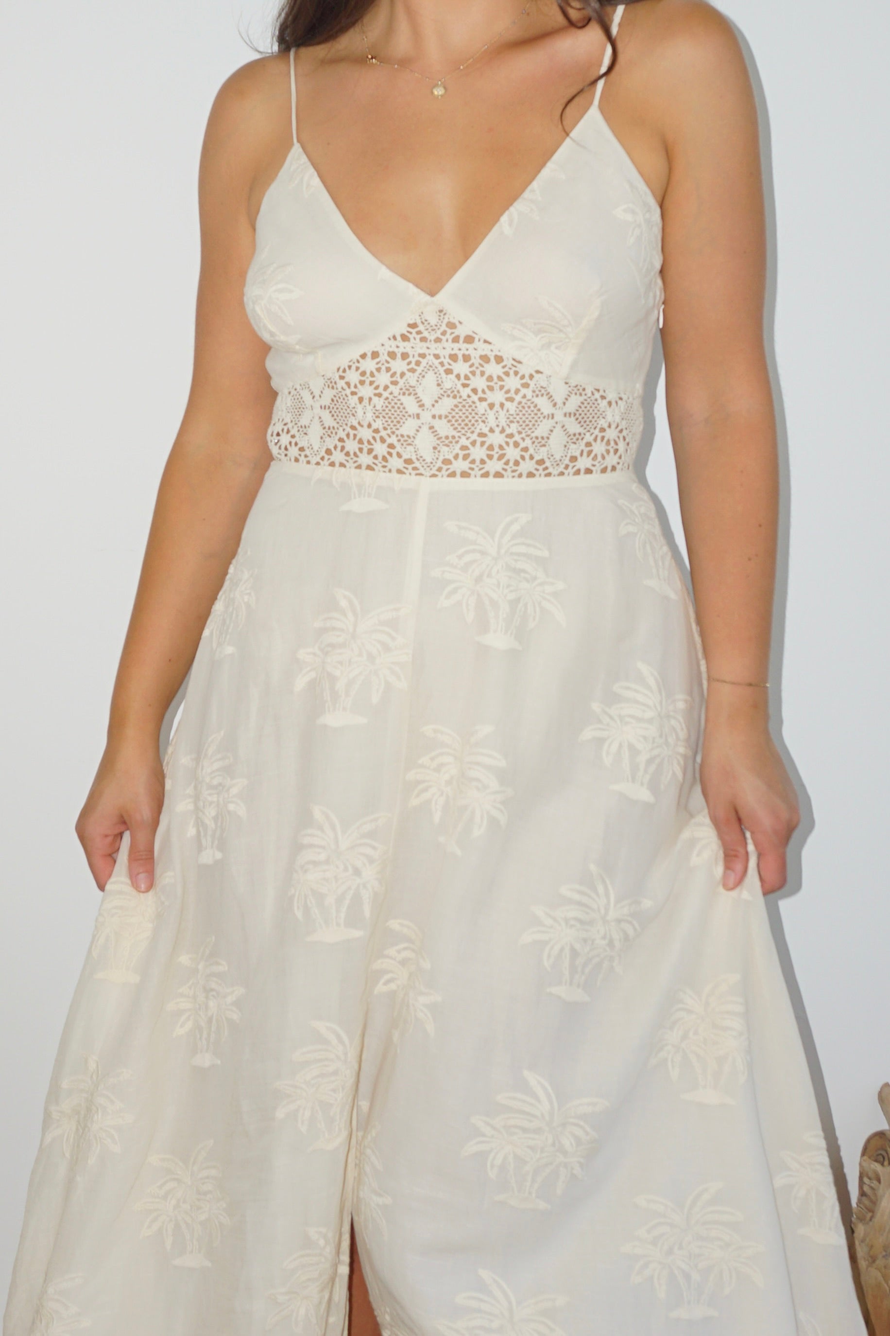 Isabella Dress in Cream Palm Embr