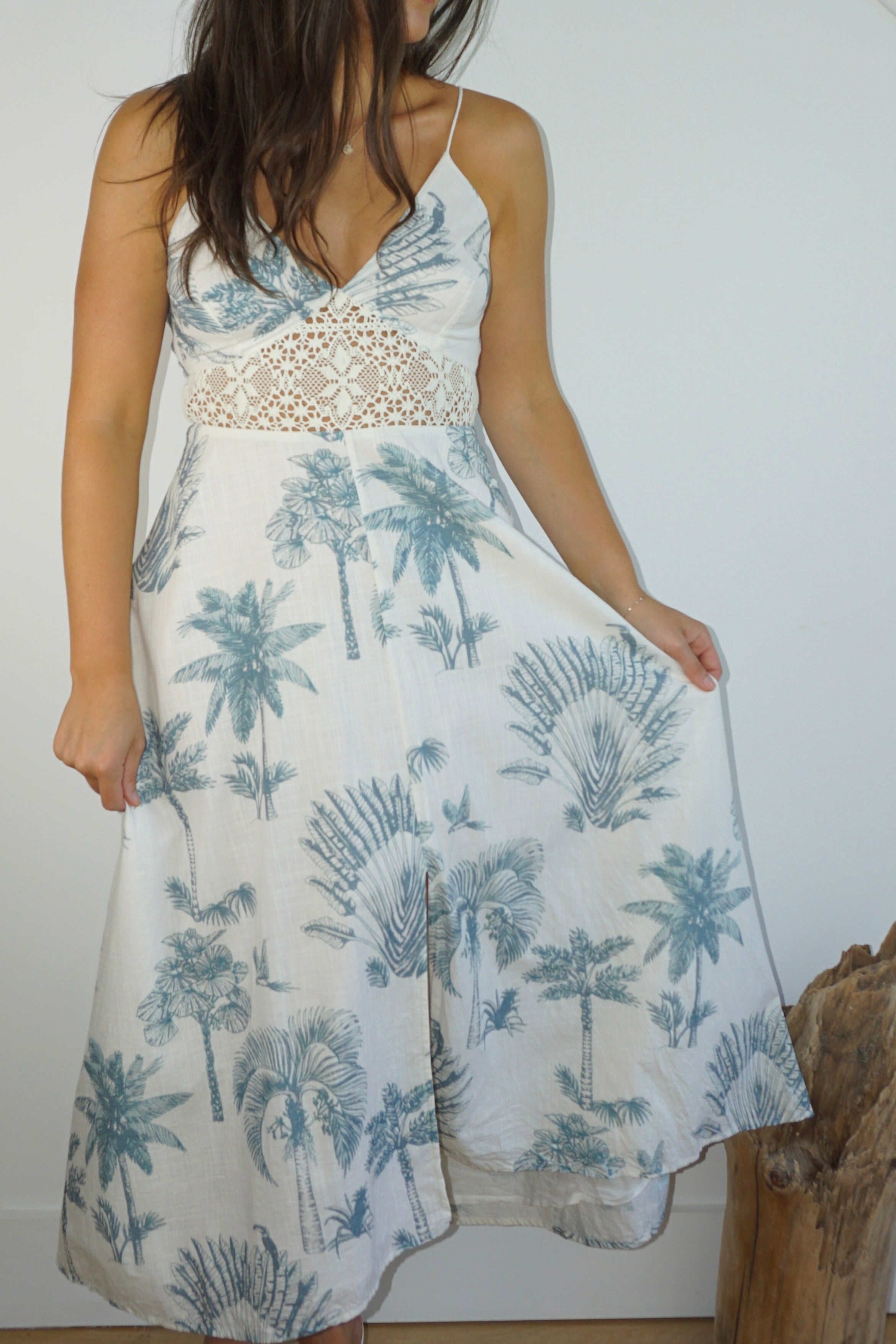 Isabella Dress in Faded Teal Palms