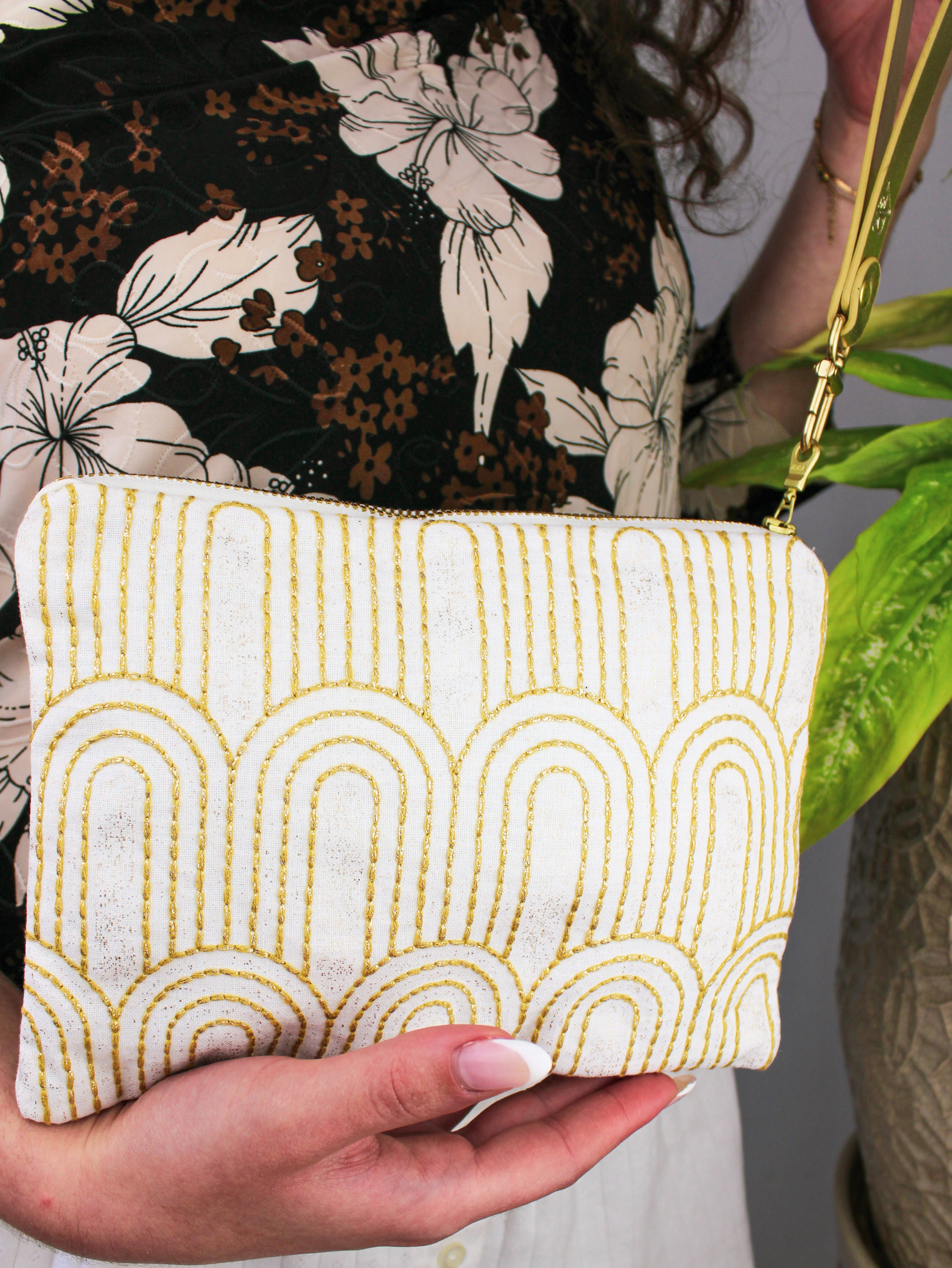 Josephine Embroidered Gold and White Wristlet Purse