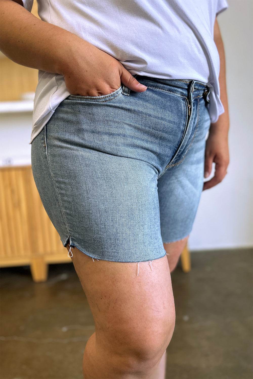 Judy Blue Full Size High Waist Raw Hem Denim Women Shorts