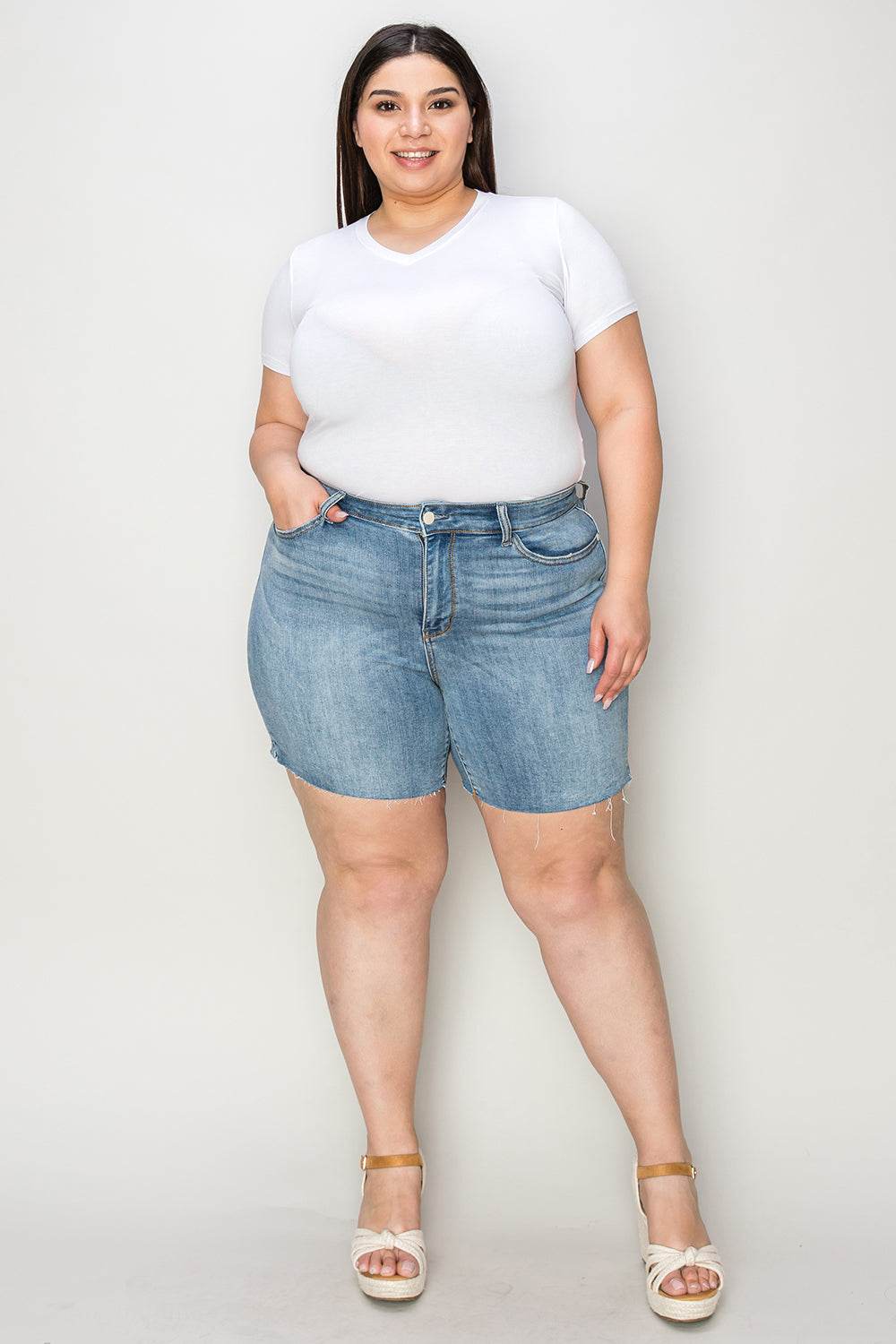 Judy Blue Full Size High Waist Raw Hem Denim Women Shorts