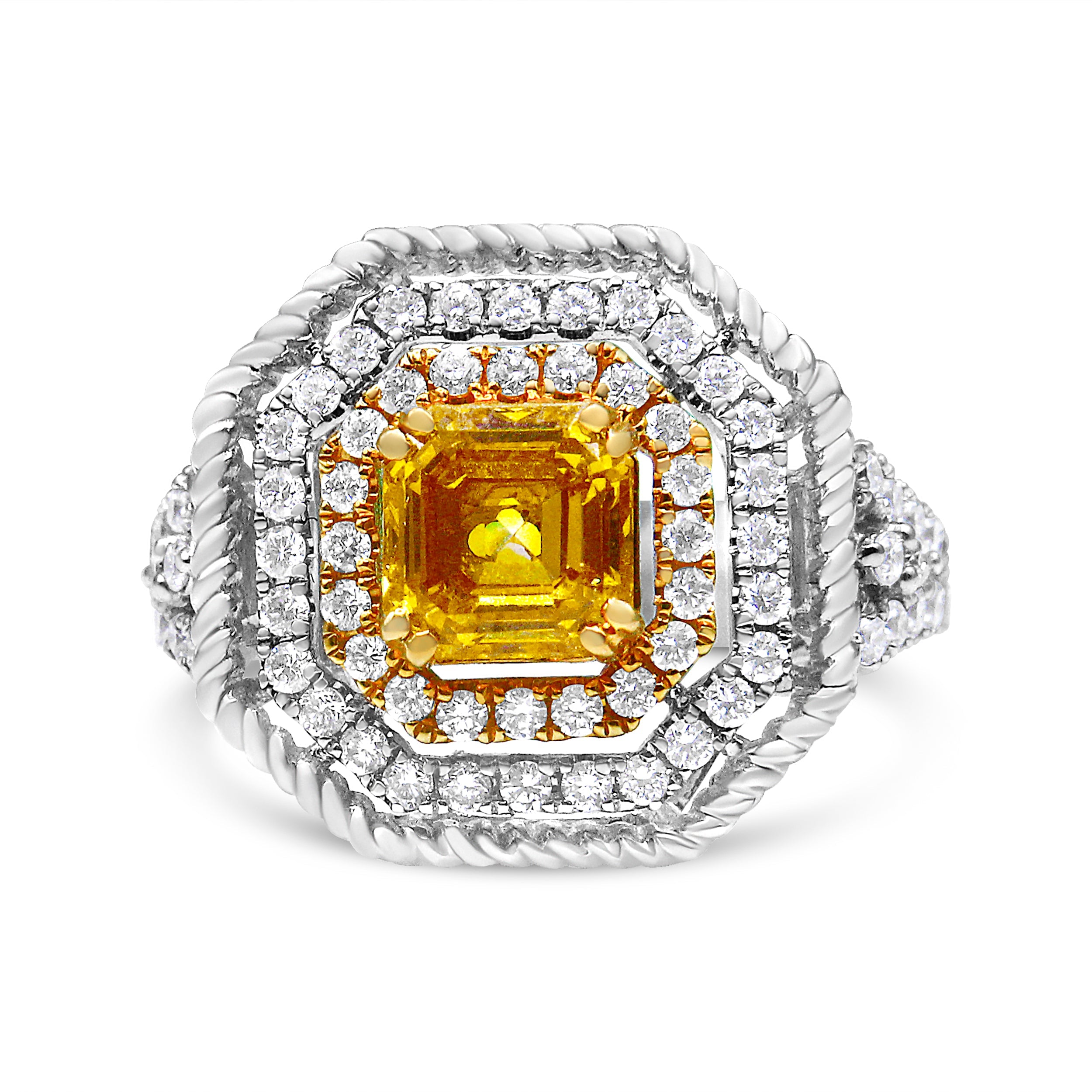 18K White And Yellow Gold 2 1/5 Cttw Lab Grown Yellow Asscher Diamond Double Halo Art Deco Cocktail Ring (Yellow/G-H Color, Vs1-Vs2 Clarity) - Size 6.5
