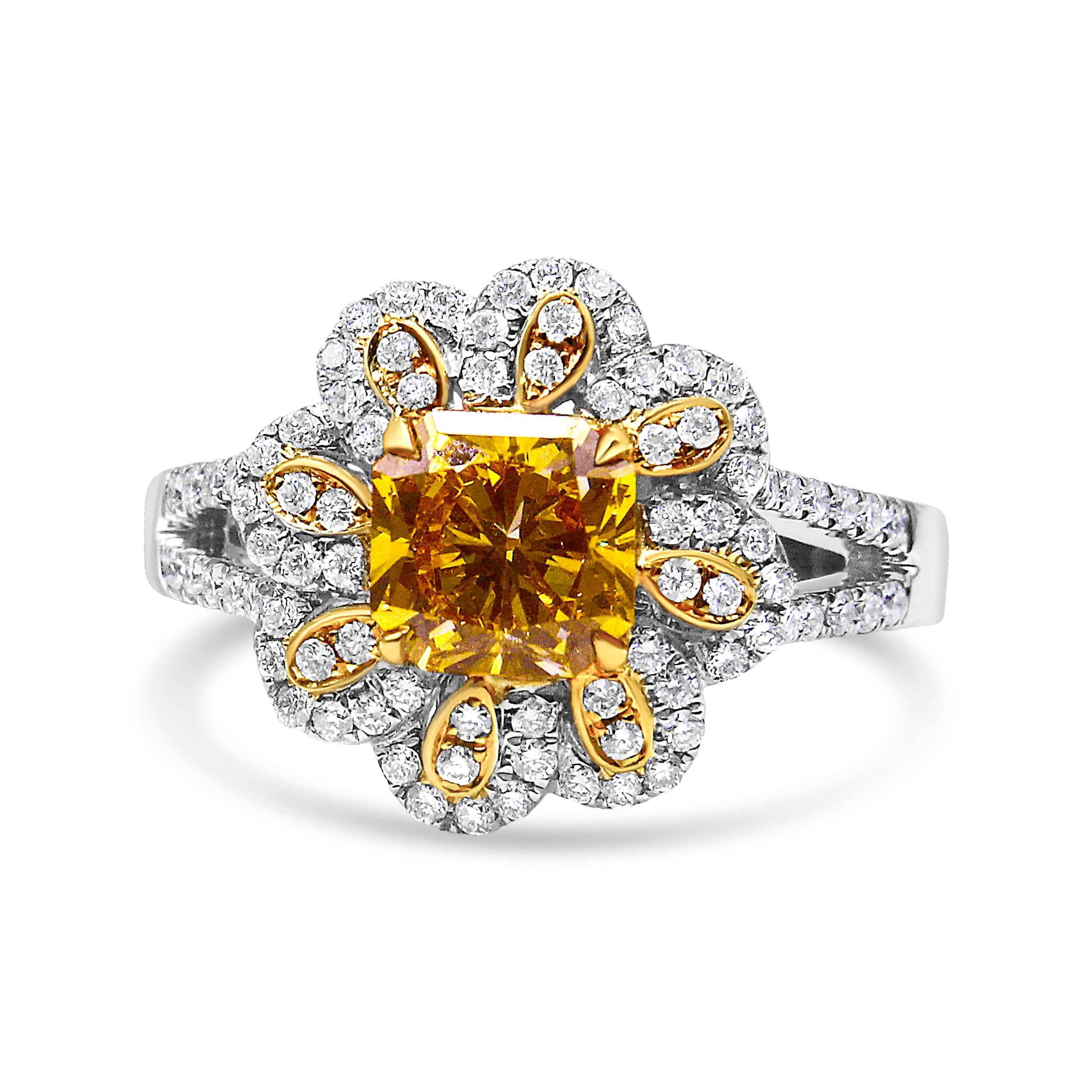 18K White And Yellow Gold 2.17 Cttw Yellow Radiant Lab Grown Center Diamond Flower Ring (Yellow/G-H Color, Vs1-Vs2 Clarity) - Size 6.5