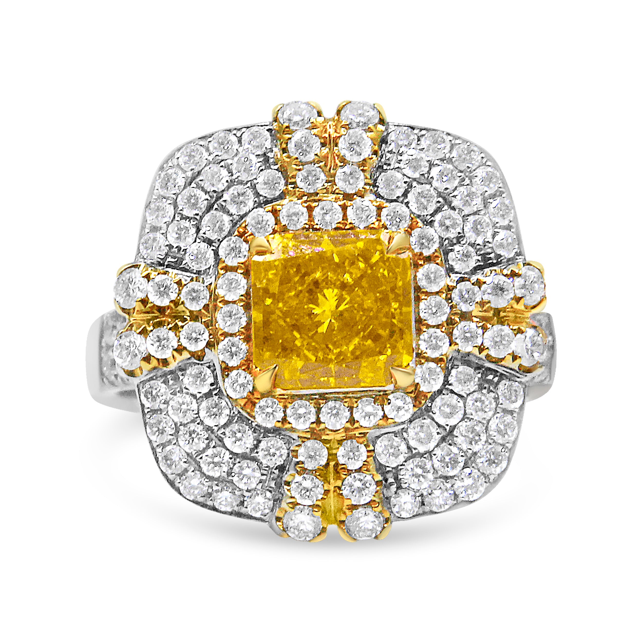 18K White And Yellow Gold 2.15 Cttw Yellow Radiant Lab Grown Center Diamond Halo Framed Cocktail Ring (Yellow/G-H Color, Vs1-Vs2 Clarity) - Size 6