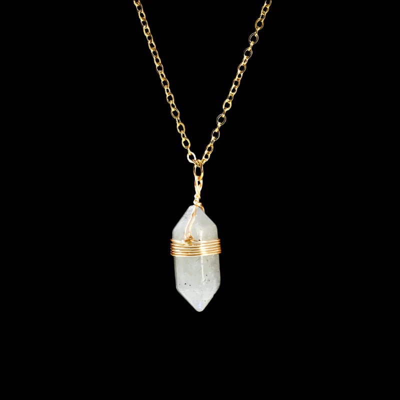Crystal Hexagon Wire Wrap Gold Necklaces