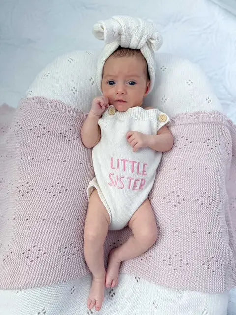 Newborn Knit Romper Set – Hello World, LITTLE SISTER and LITTLE BROTHER Embroidered Baby Outfit with Hat & Booties or Headband | Soft Coming Home Outfit