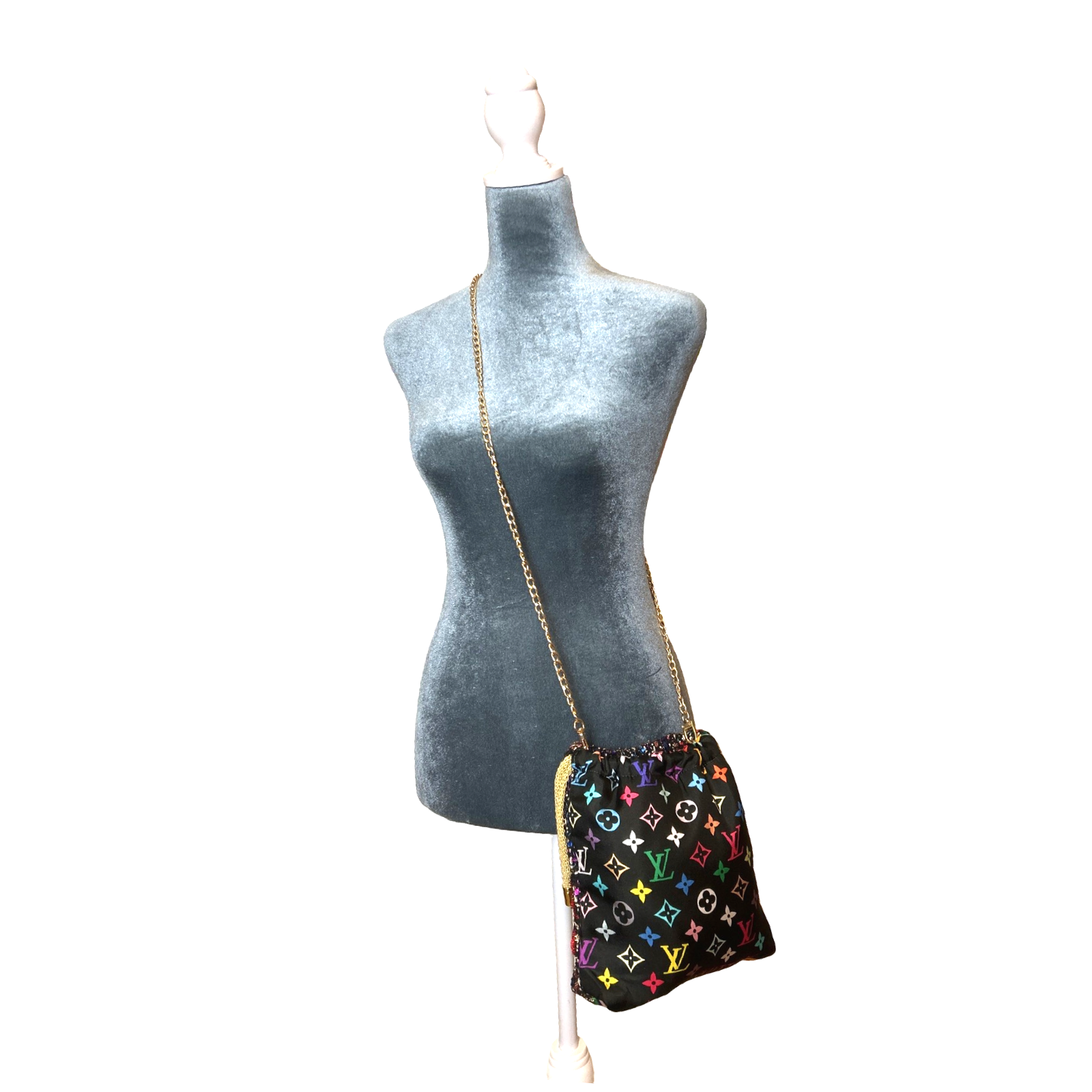 LV Multicolor Monogram Noir Vintage Silk Scarf Drawstring Crossbody Bag