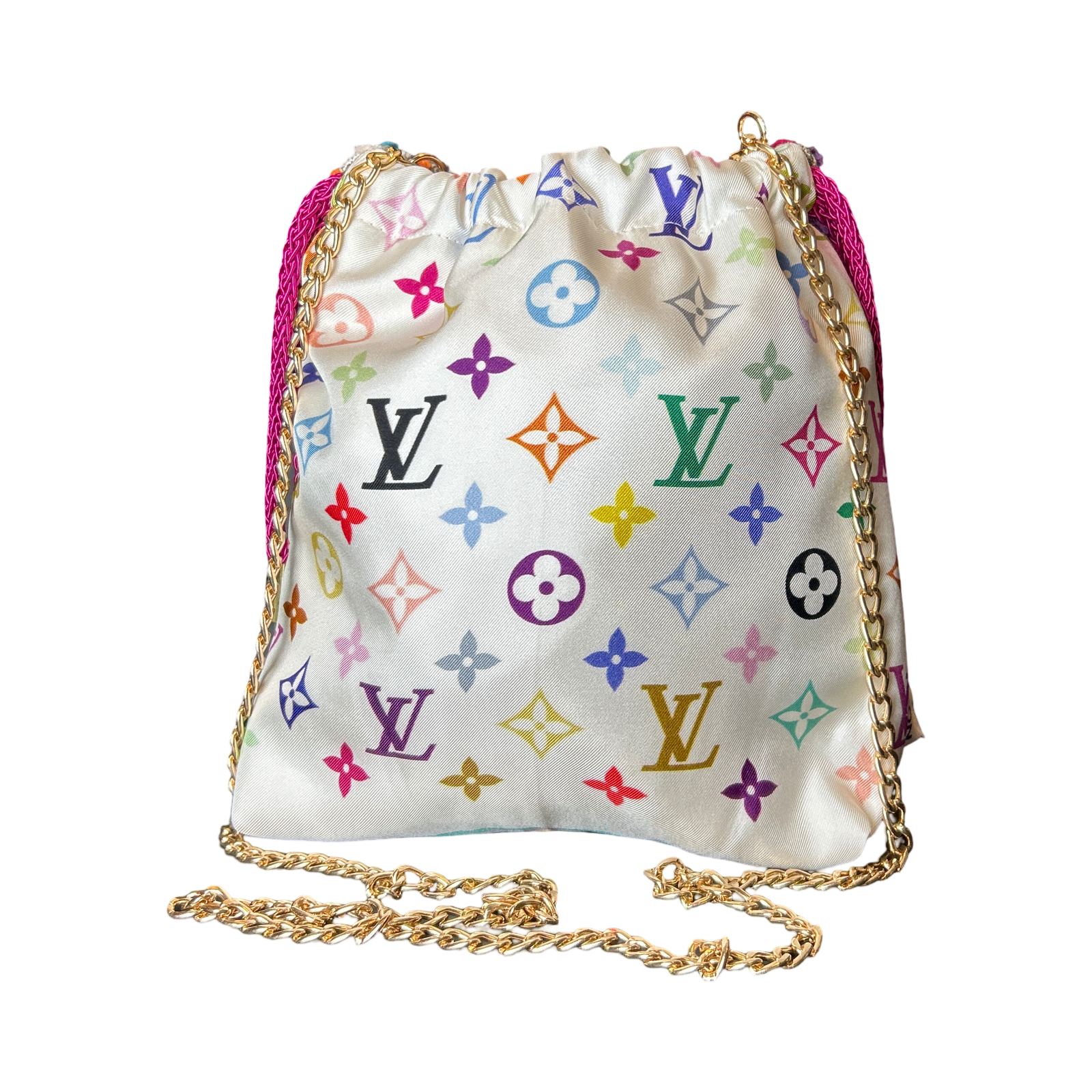 LV Murakami Monogram Vintage Silk Scarf Drawstring Crossbody Bag