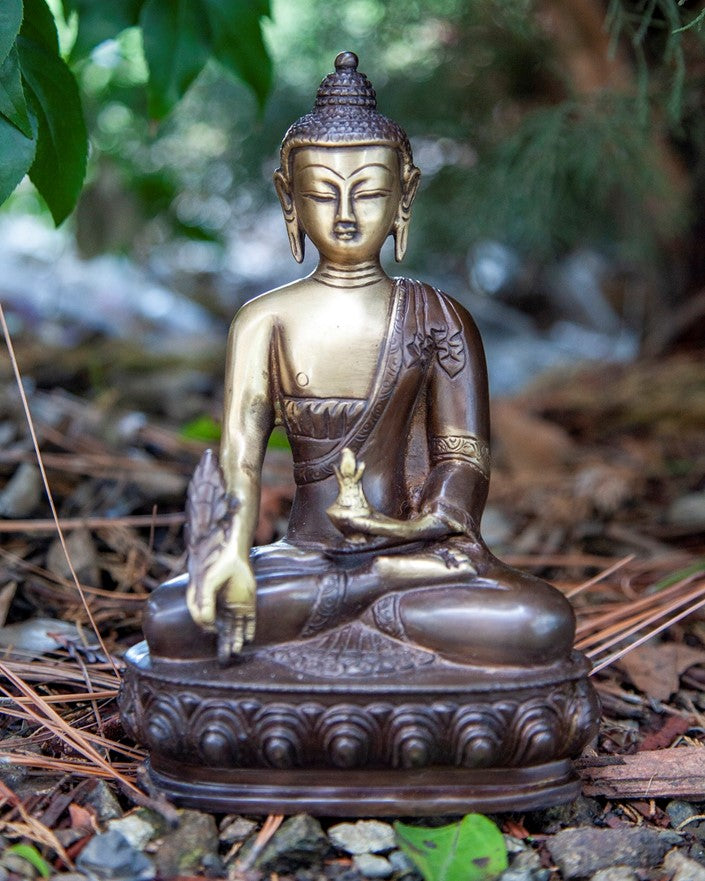 Medicine Brass Buddha Sitting On Lotus in Meditation Pose by OMSutra