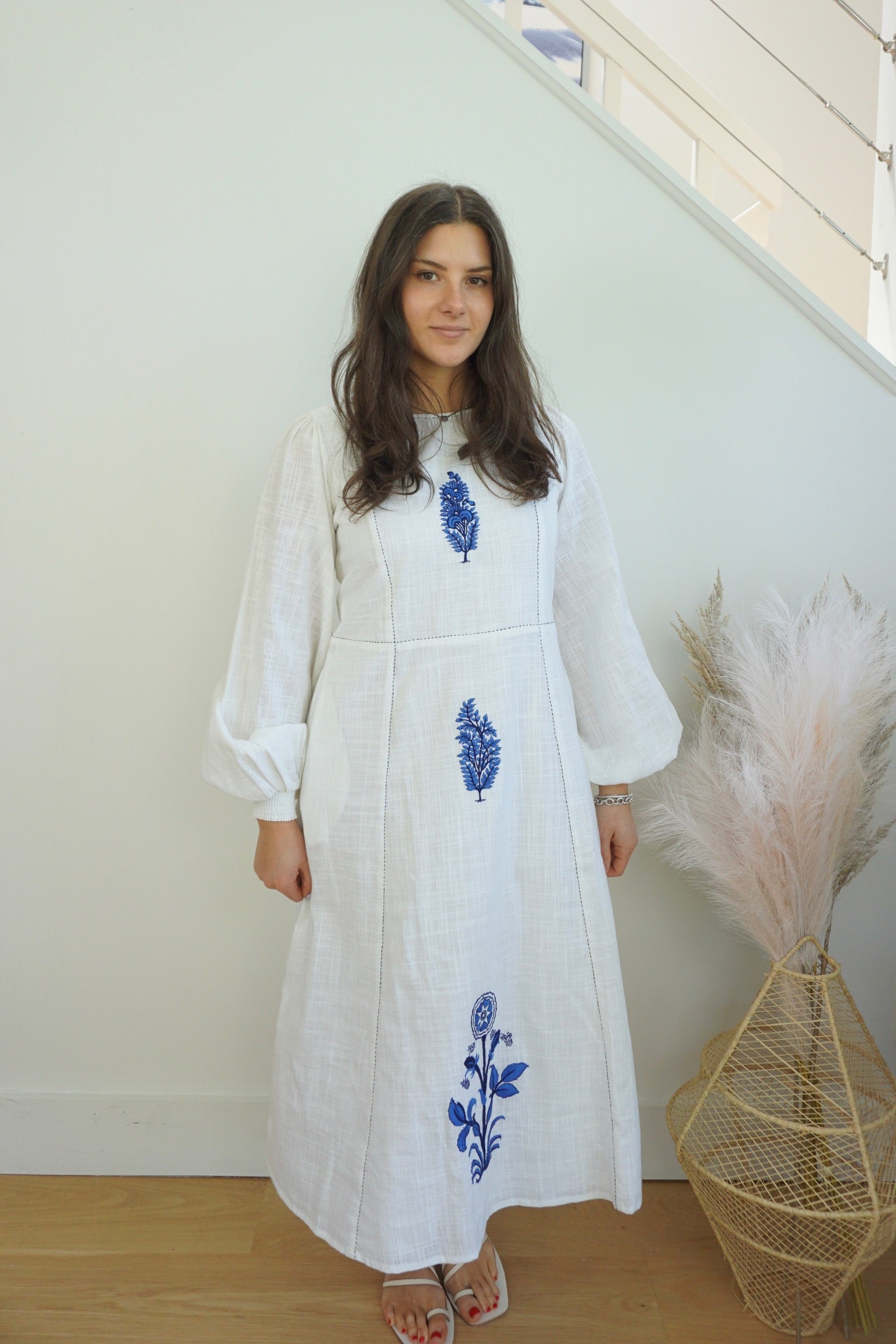Milo Dress in White/Blue Emb