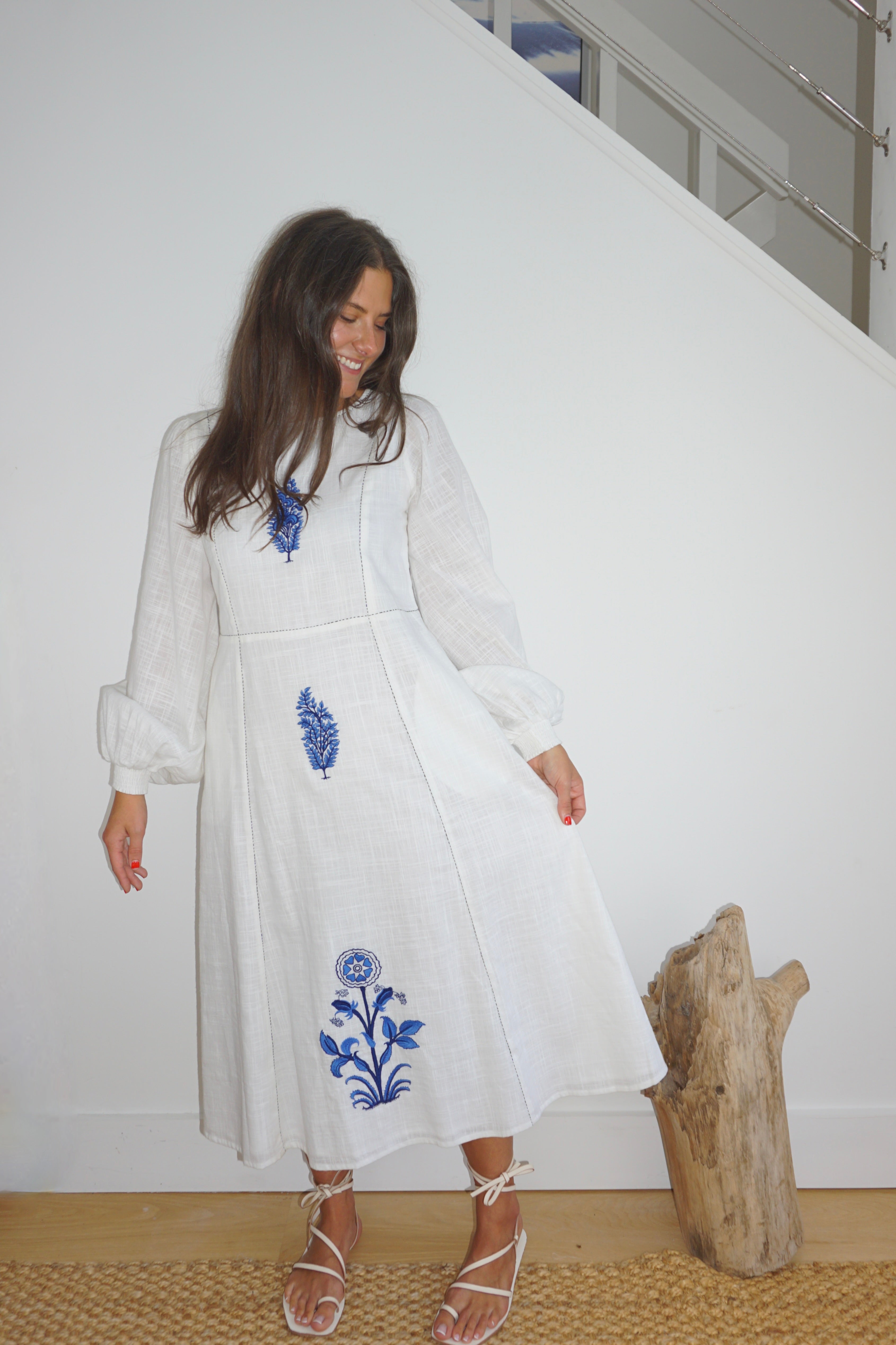 Milo Dress in White/Blue Emb