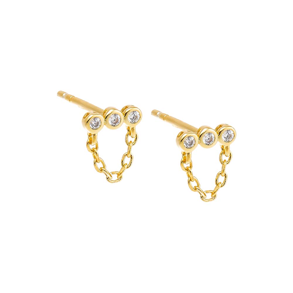 Gold Mini Triple CZ Bezel Bar Drop Chain Stud Earring - Adina's Jewels