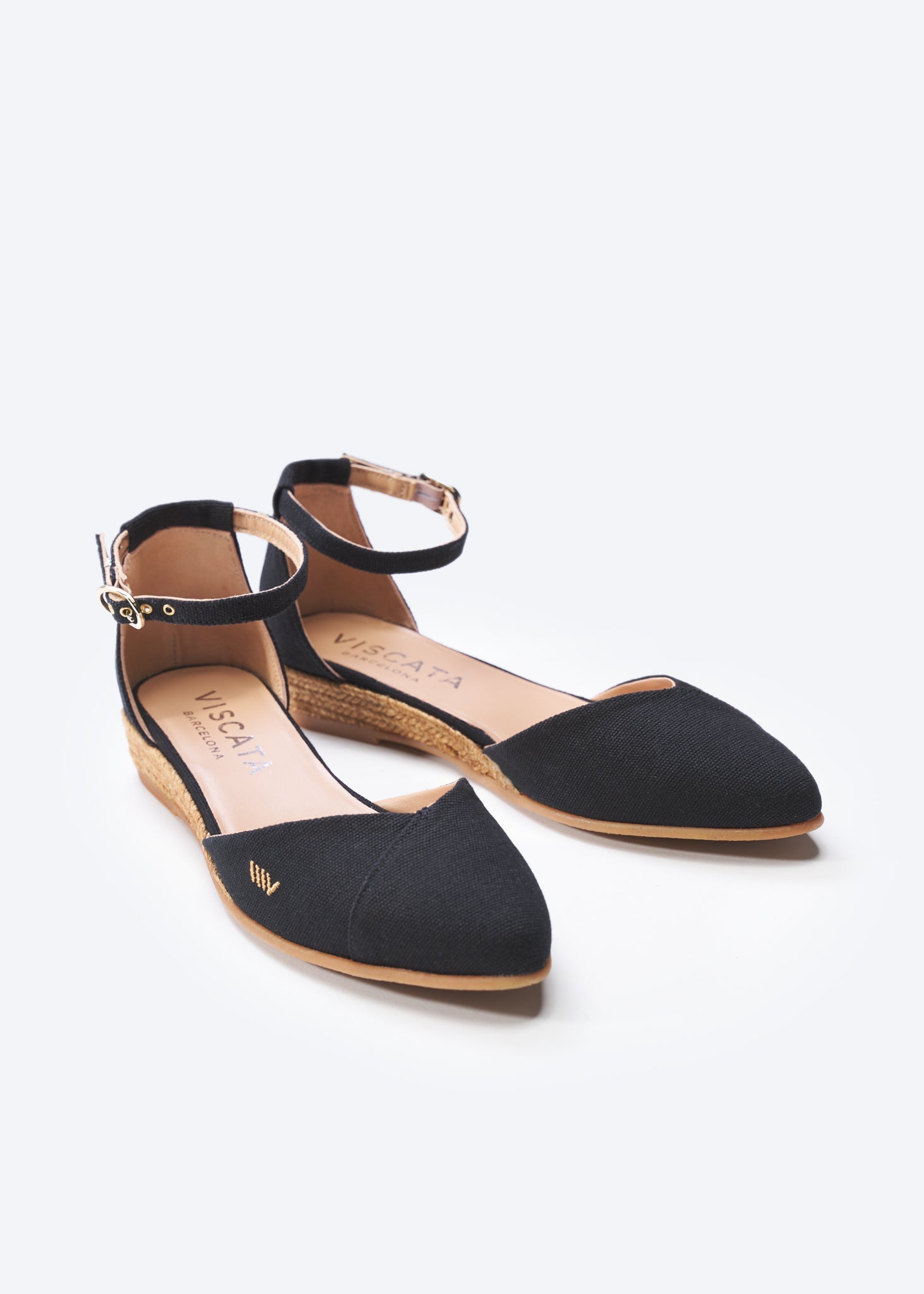Montroig Black Canvas Ankle Strap Women Espadrille Flats