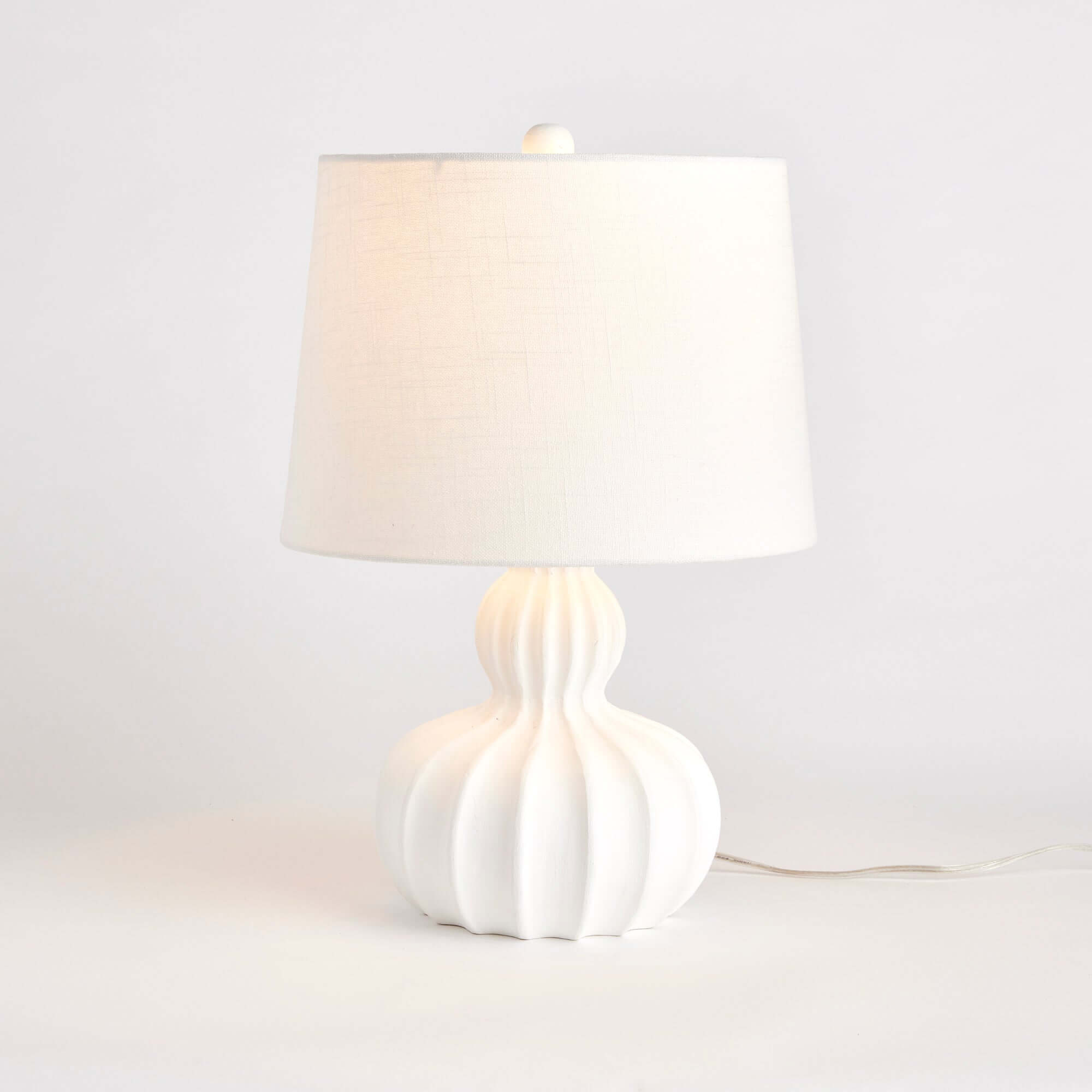 White Carved Wood Table Lamp with Curved Base