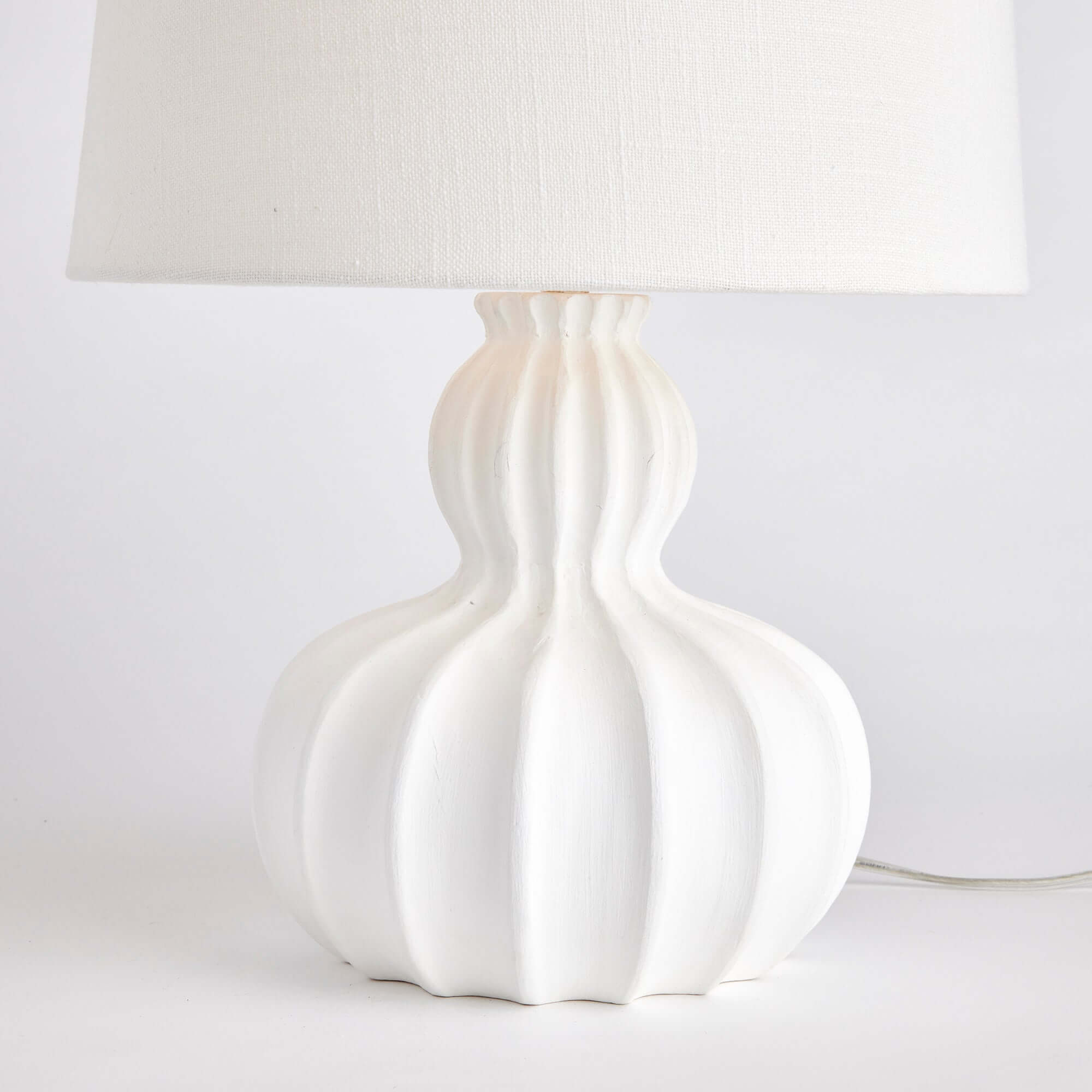 White Carved Wood Table Lamp with Curved Base