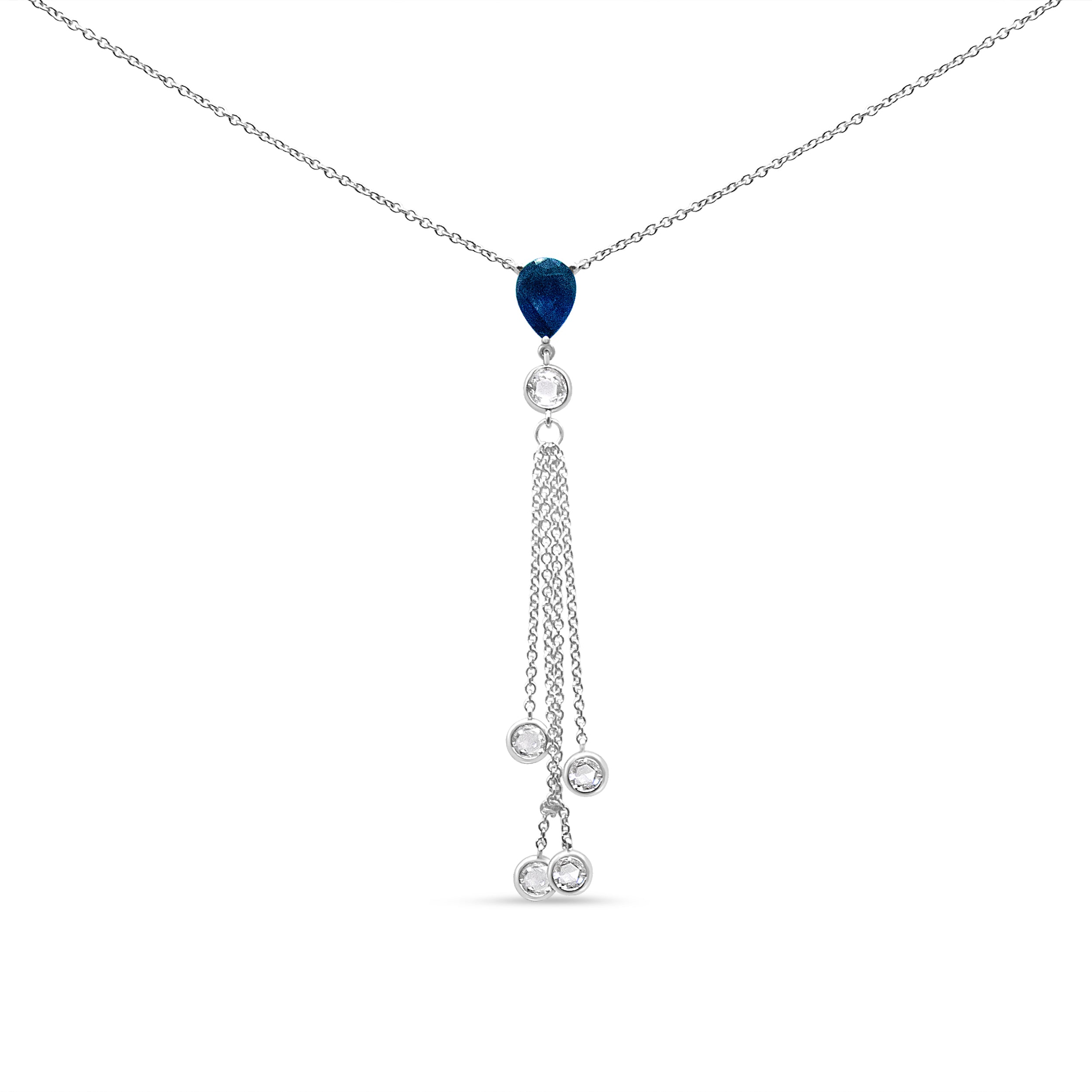 18K White Gold 3/8 Cttw Round Diamond And 8X6mm Blue Sapphire Waterfall Dangle 18" Y Necklace (F-G Color, Vs2-Si1 Clarity)