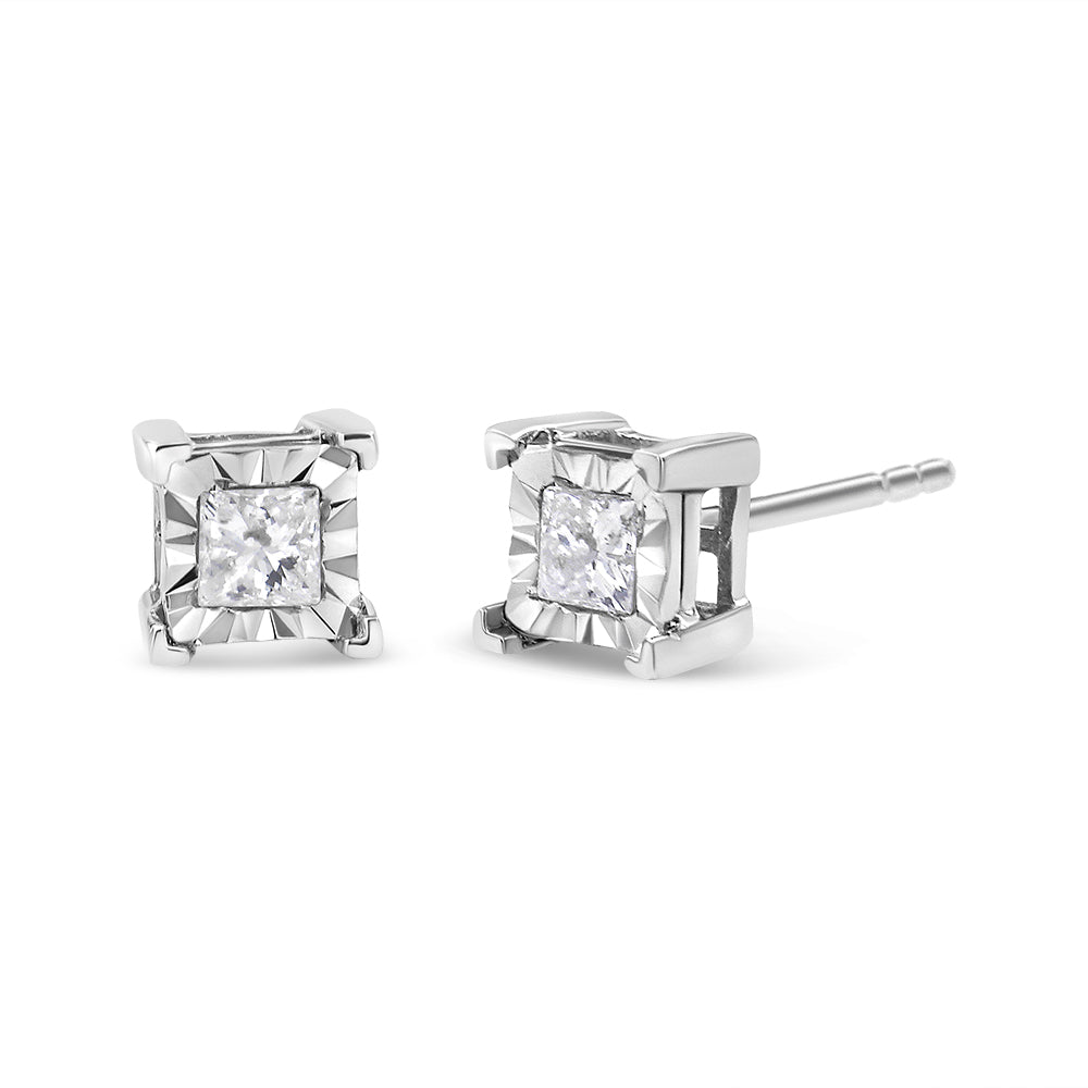 .925 Sterling Silver 1.0 Cttw Miracle Set Princess-Cut Diamond Solitaire Stud Earrings (H-I Color, I1-I2 Clarity)