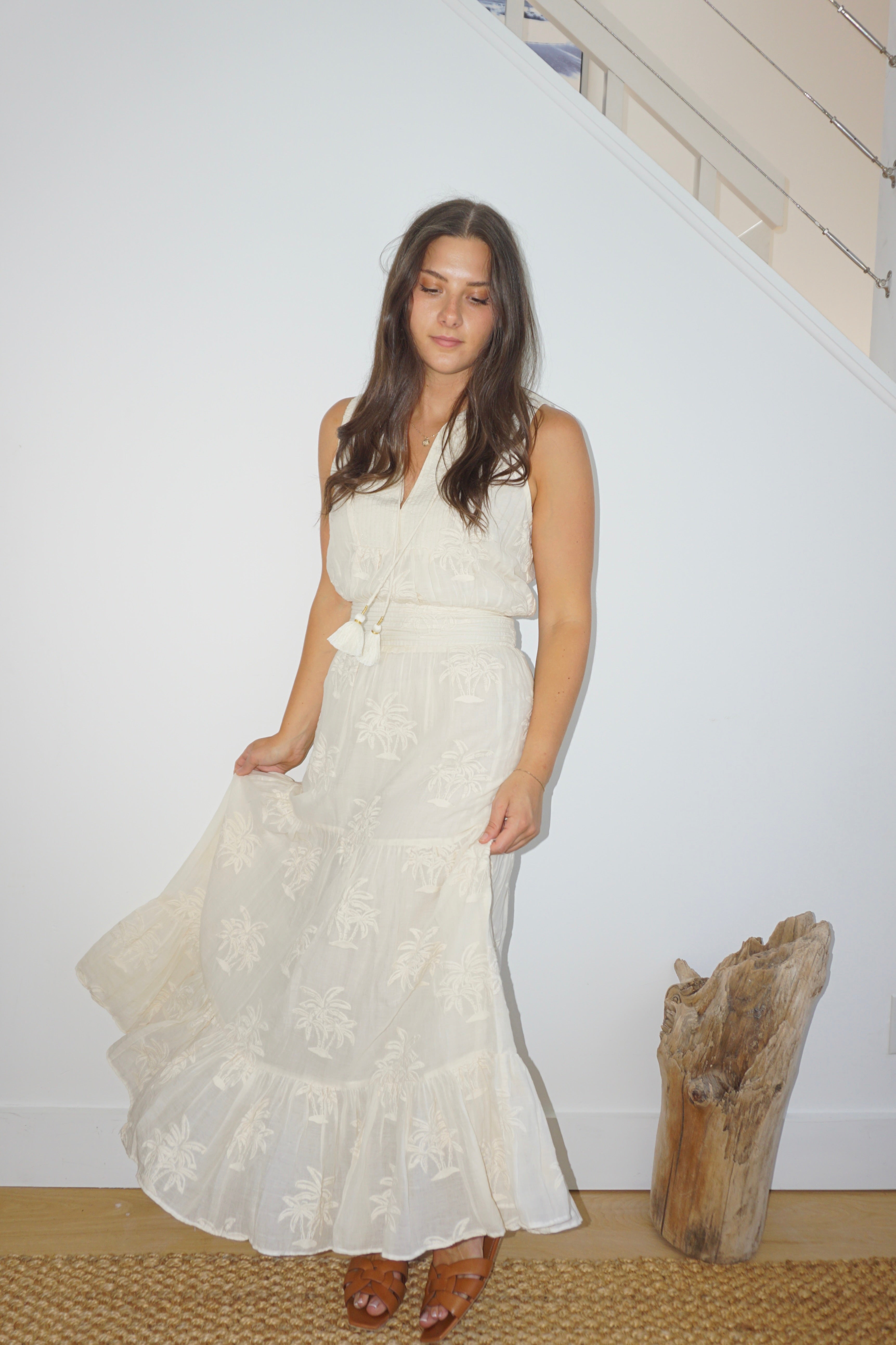 Paloma Dress in Cream Palm Embr