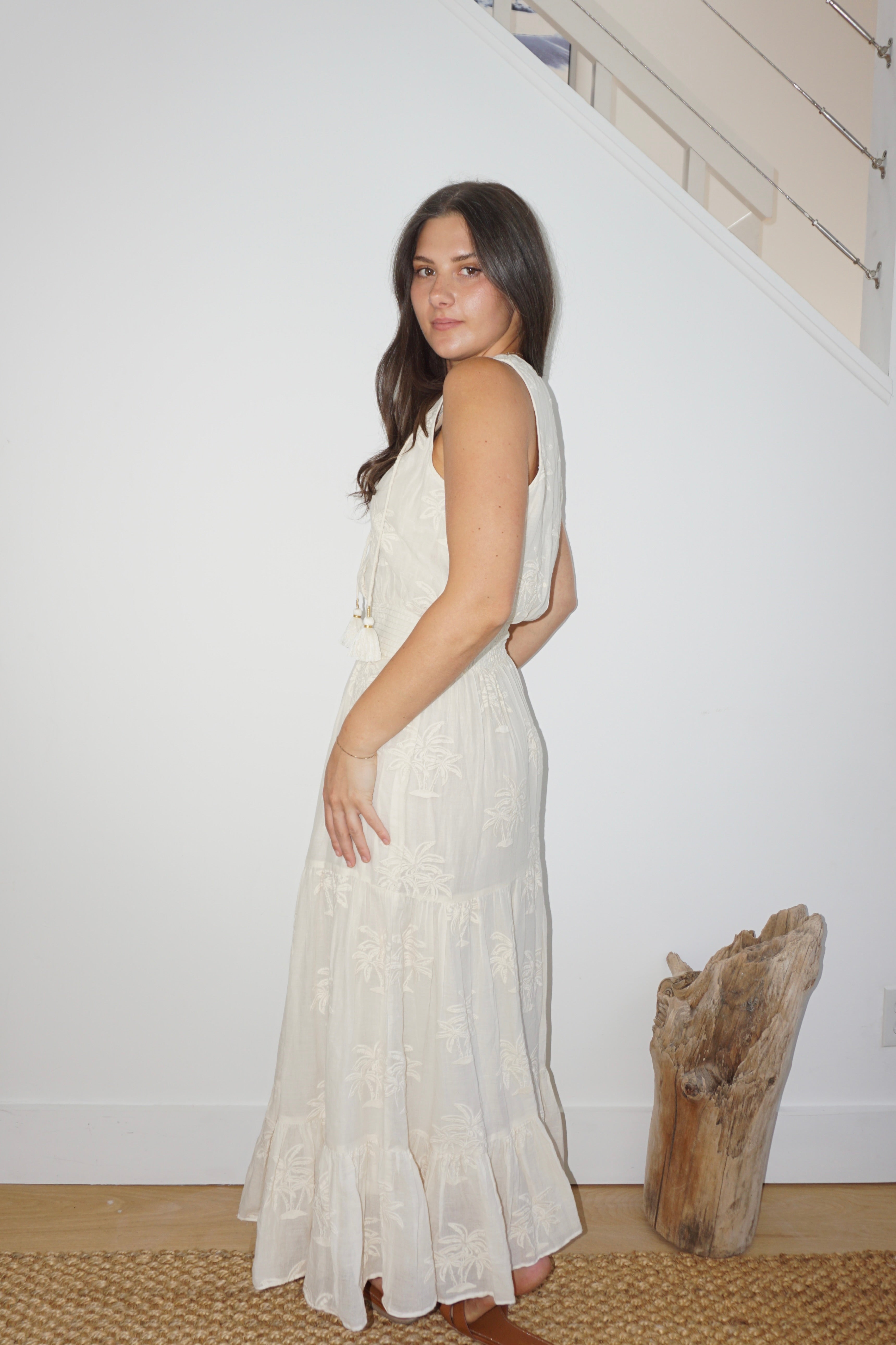 Paloma Dress in Cream Palm Embr