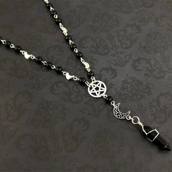 Pentacle Moon Onyx Bead Necklace