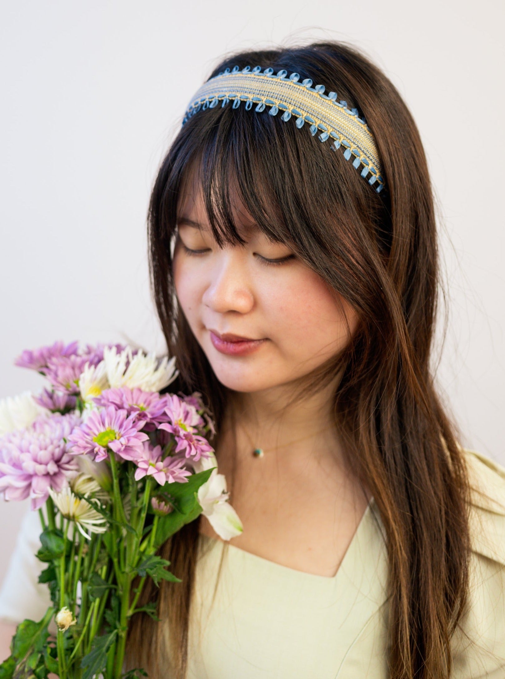 Felicity Blue and Tan Woven Headband with Ribbon Embroidery
