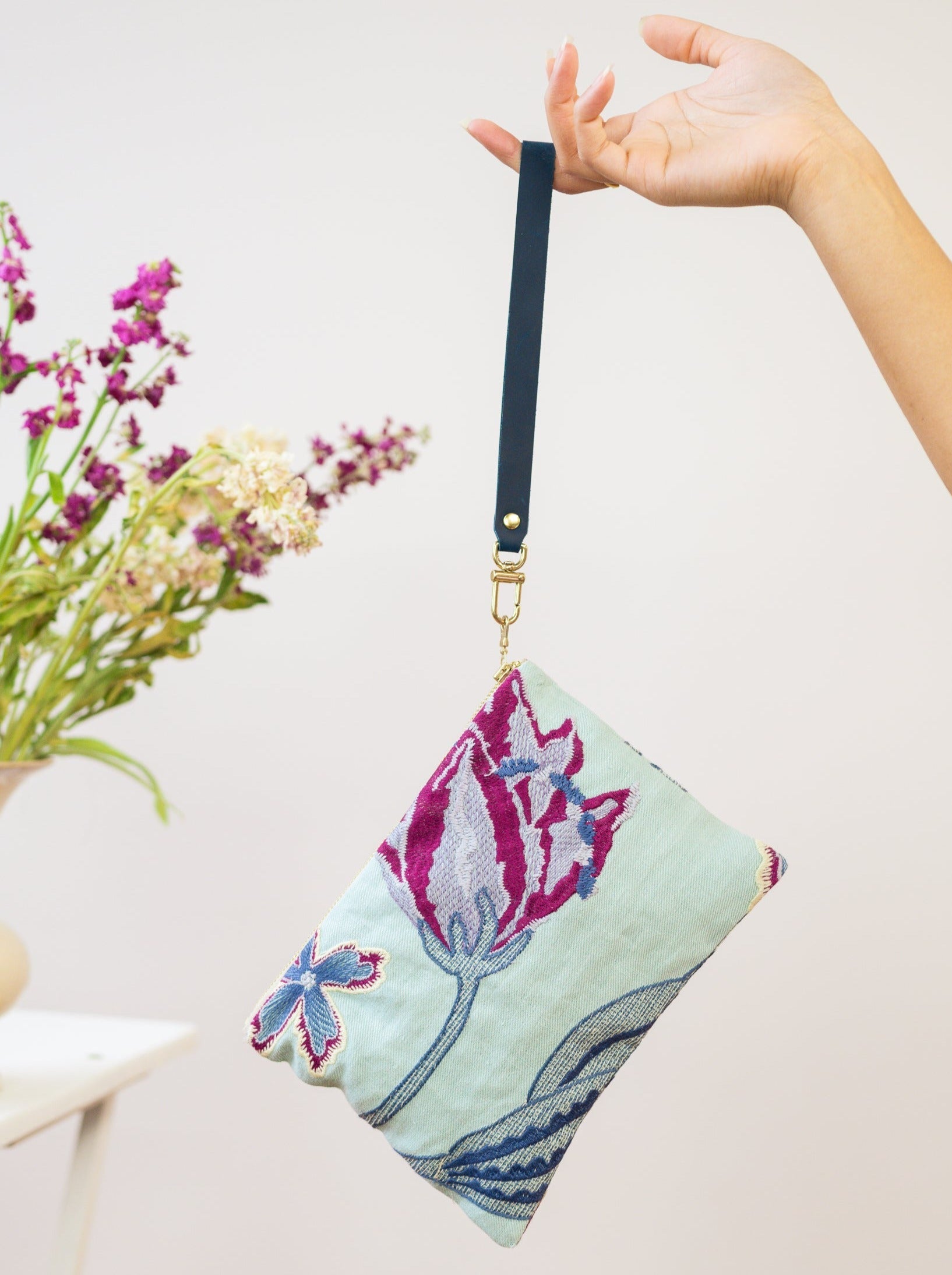 Enchanting Azure Embroidered Wristlet