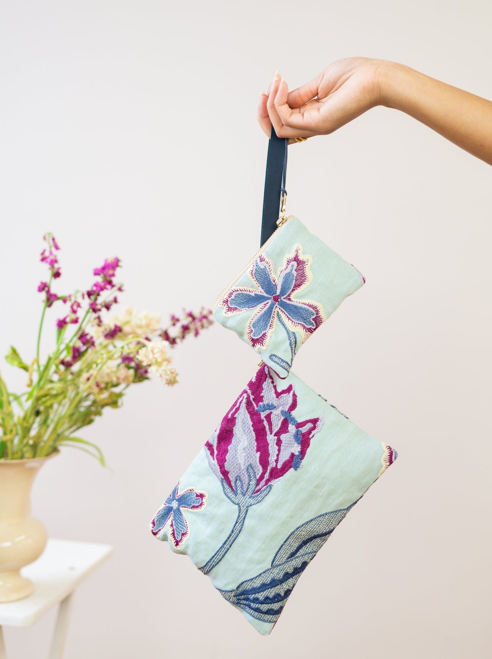 Enchanting Azure Embroidered Mini Pouch