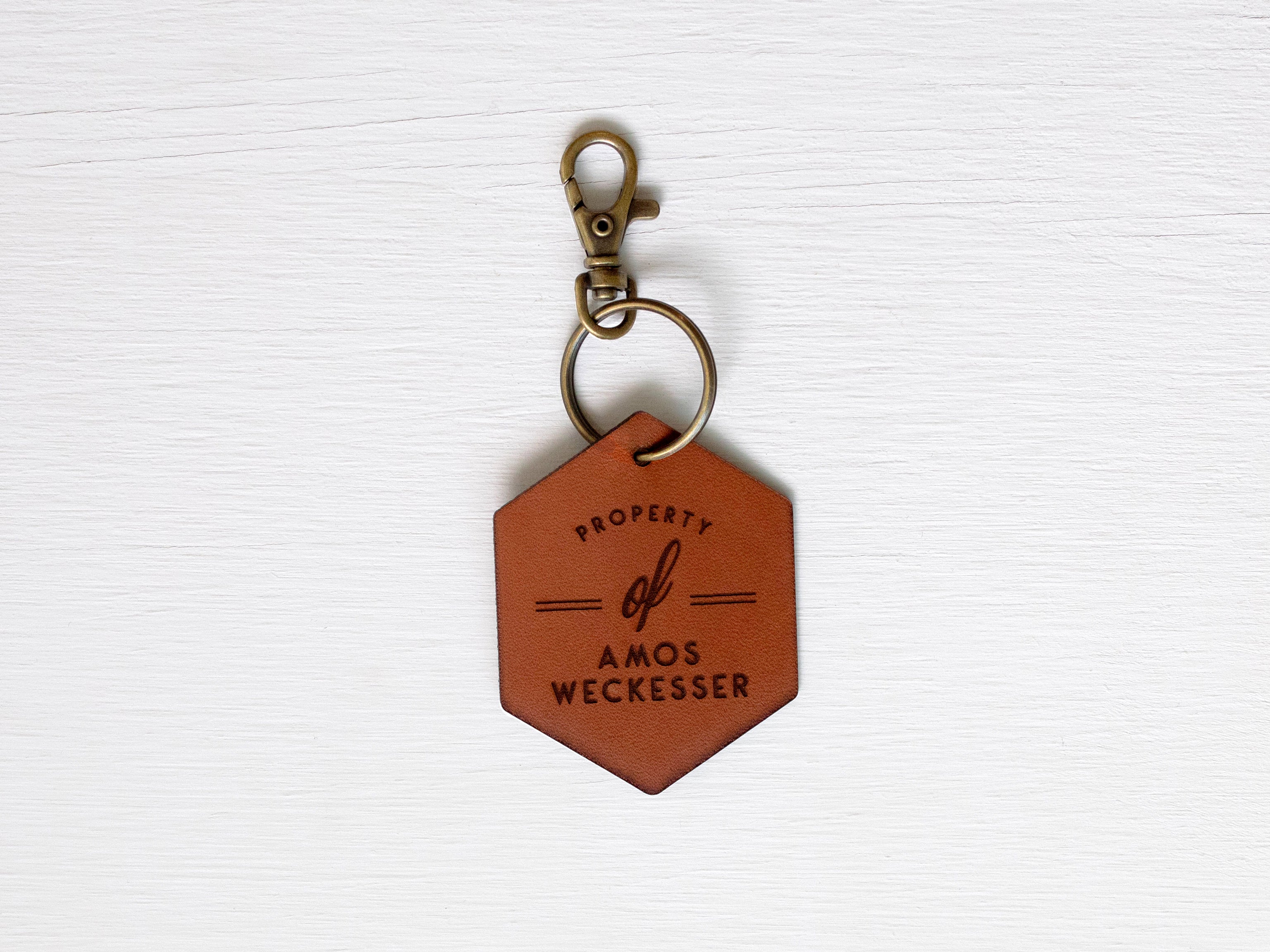 Custom Leather Tag Keychain • Modern Hexagon Tag