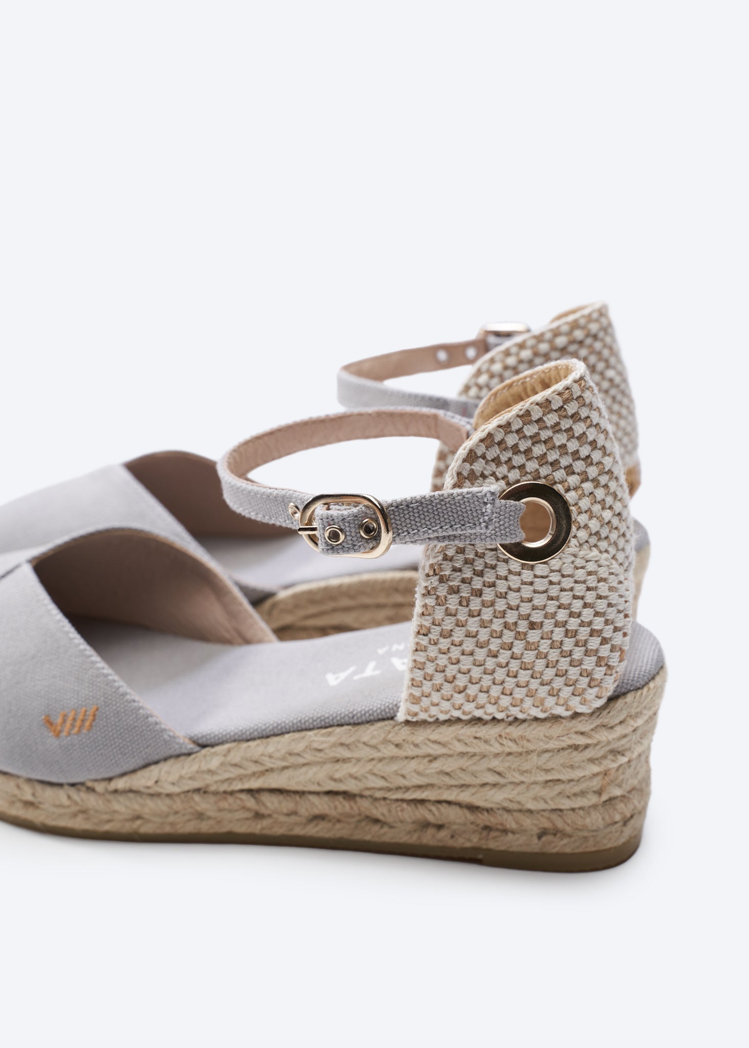 Pubol Ash Grey Canvas Ankle Strap Women Espadrille Wedges Flexible Back Detail