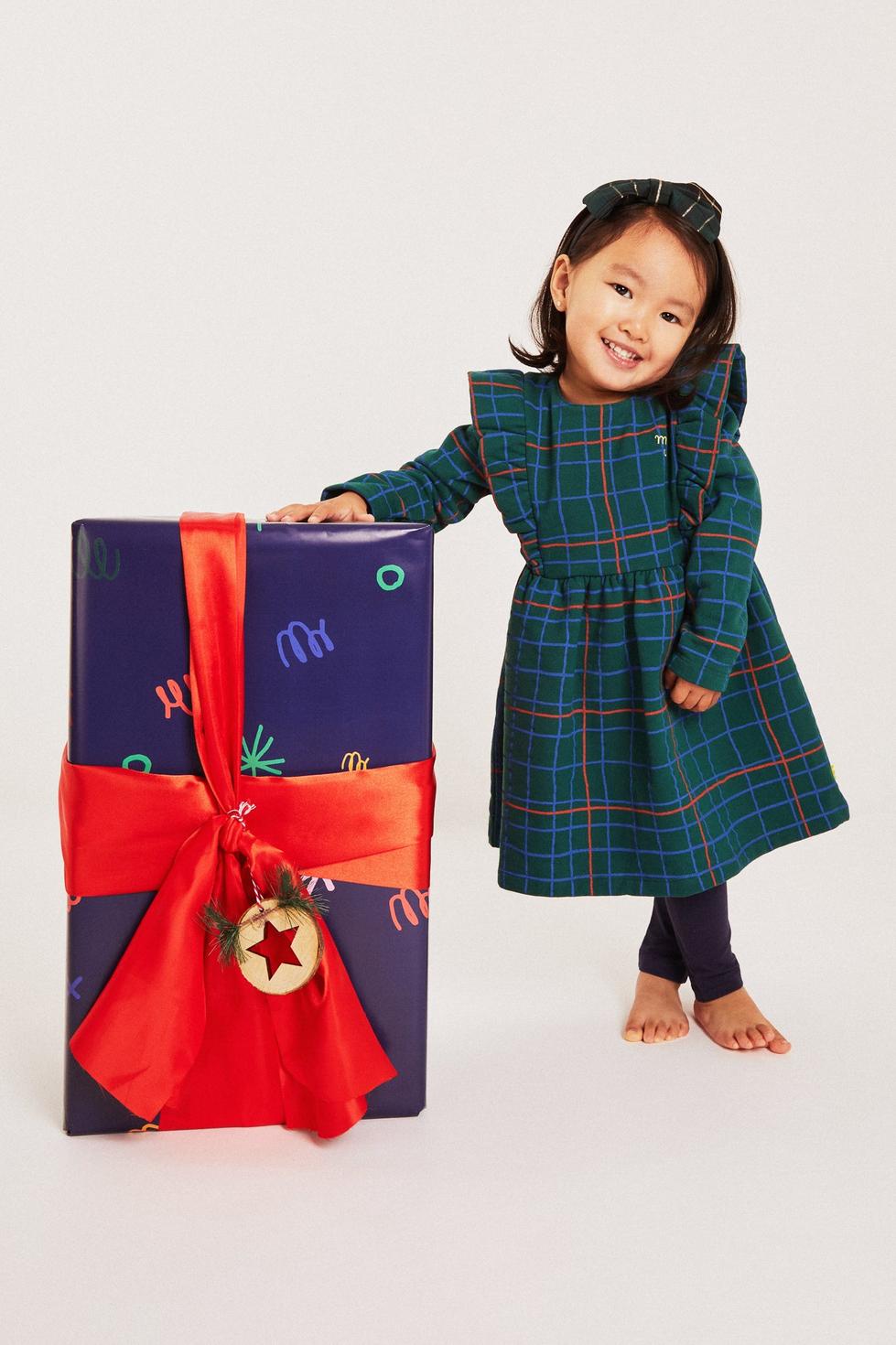 Recycled Cotton Grid Baby Ruffle Dress - Pine Green Multi