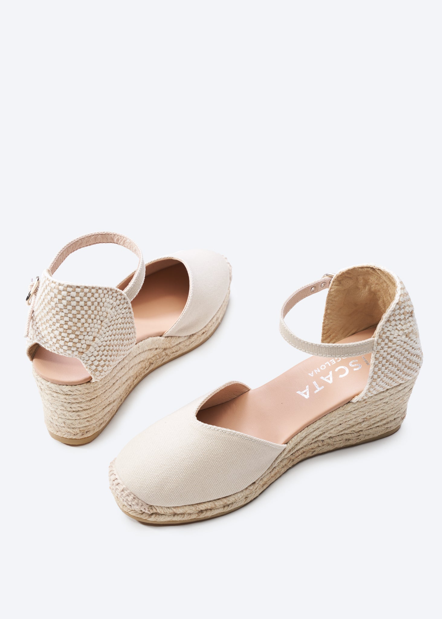 Reus Beige Canvas Ankle Strap Women Espadrille Medium Wedges