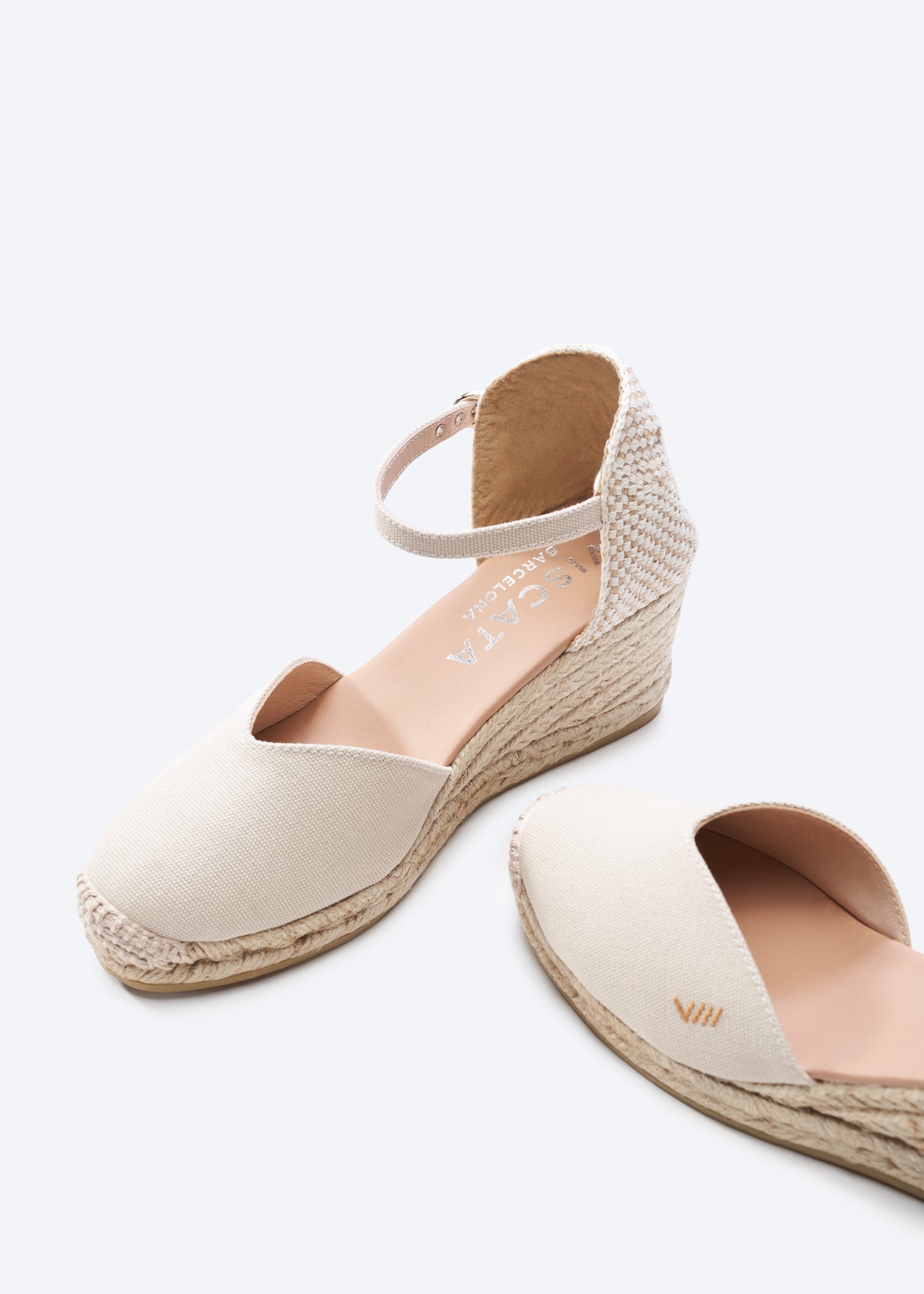 Reus Beige Canvas Ankle Strap Women Espadrille Closed Toe Wedges