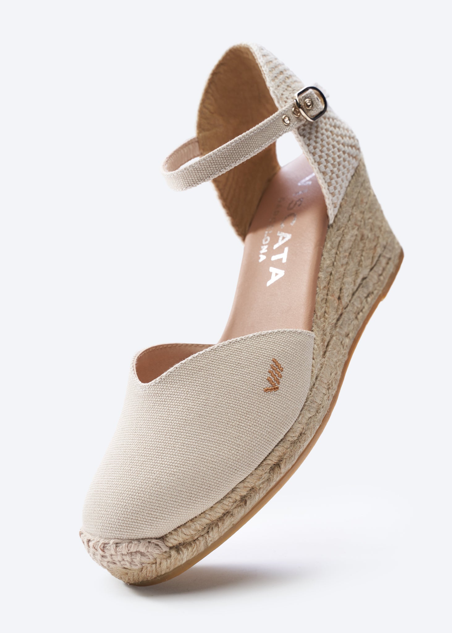 Reus Beige Canvas Ankle Strap Women Espadrille Medium Heel Wedge