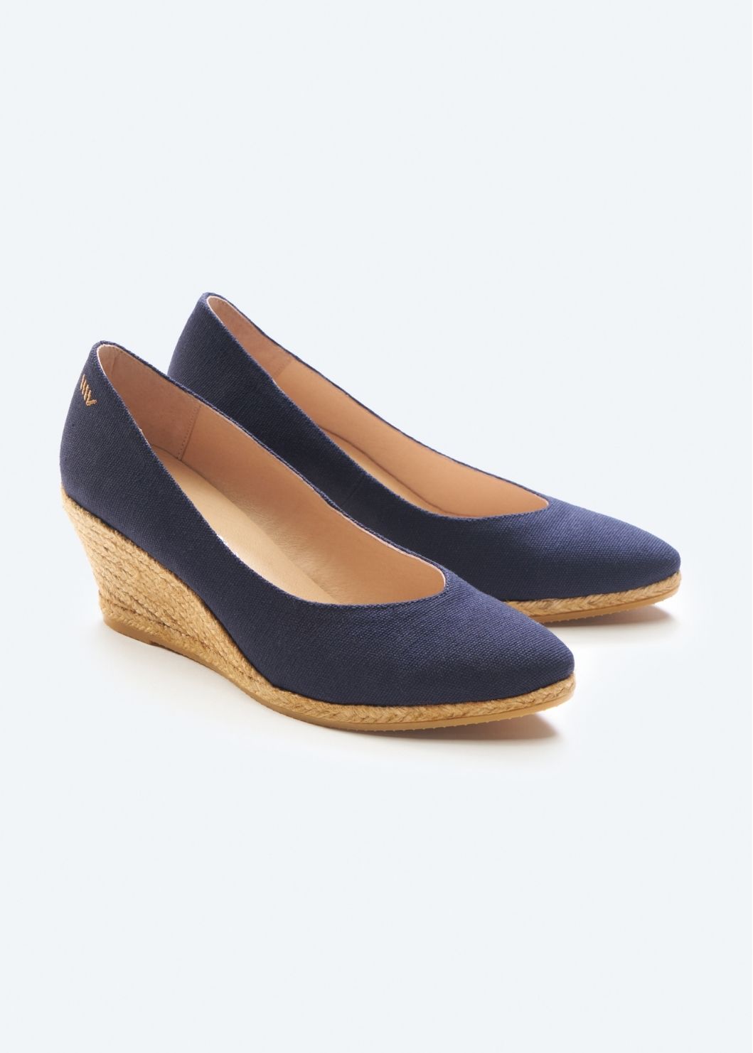 Roses V Cut Navy Canvas Slip On Women Espadrille Wedges