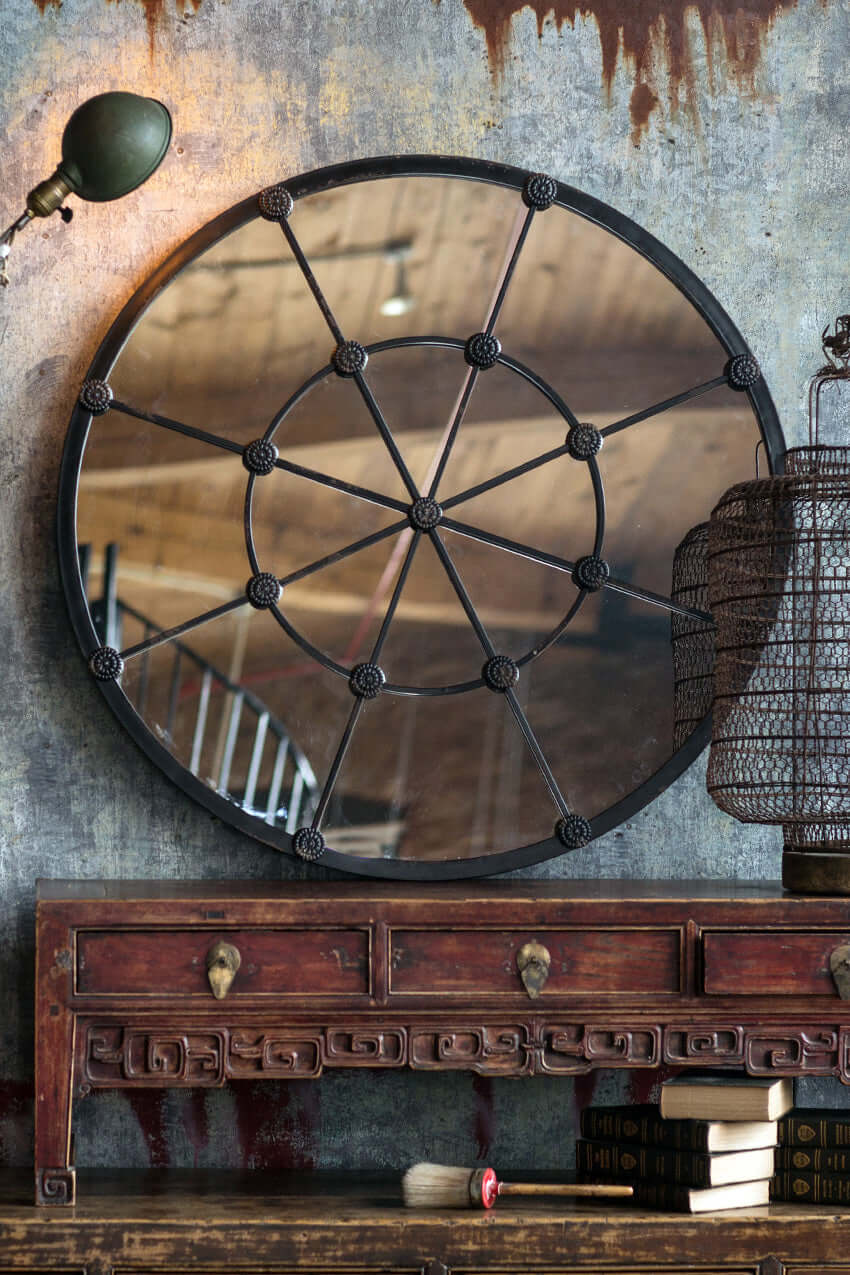 Round Industrial Grid Wall Mirror