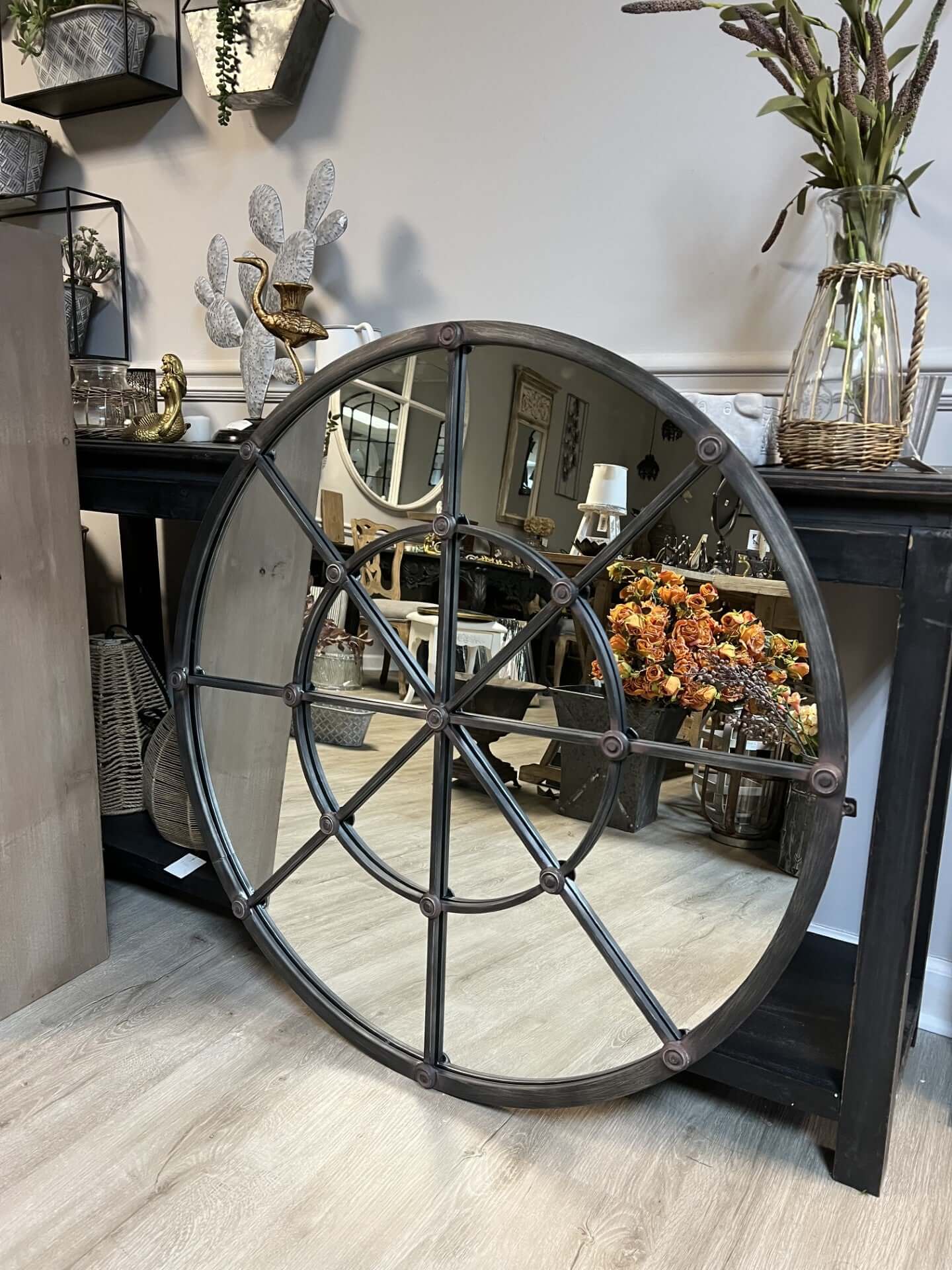 Round Industrial Grid Wall Mirror