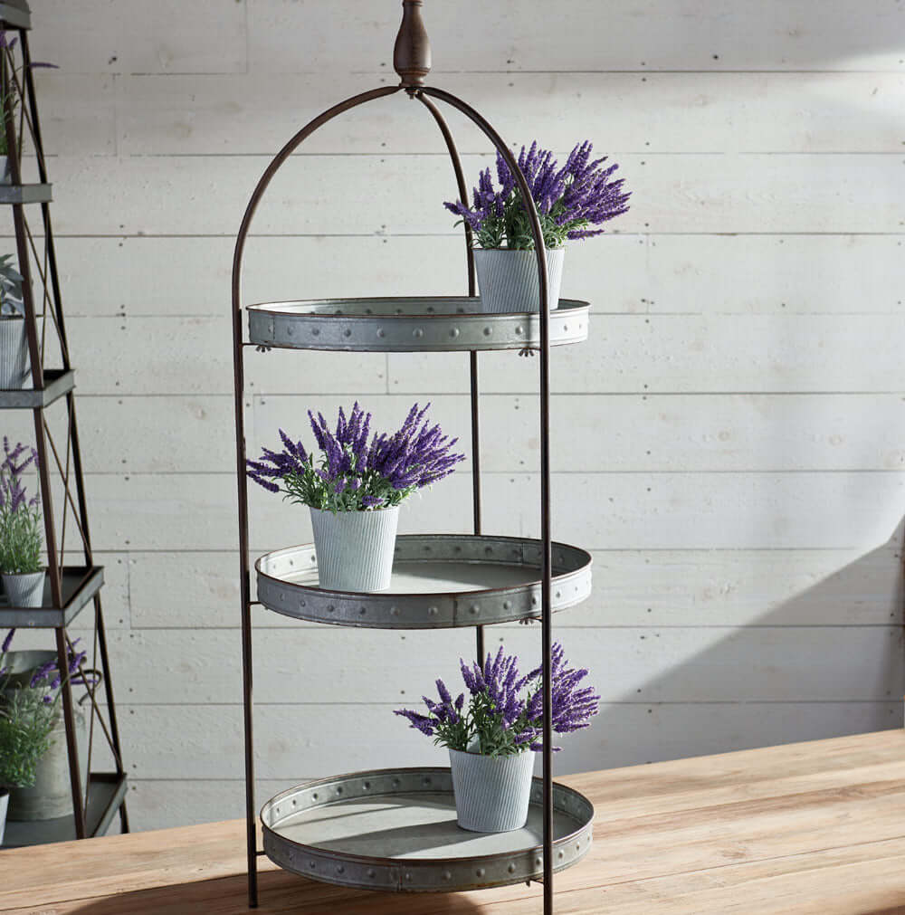 Round Rustic Three-Tier Galvanized Metal Display Stand