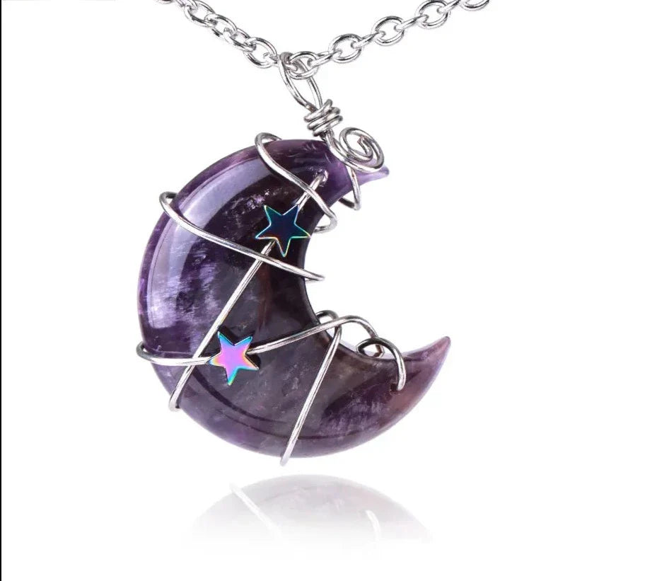 Crystal Crescent Moon and Star Silver Necklace