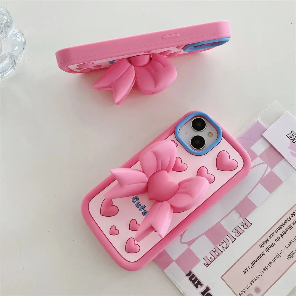 3D Cartoon Pink Love Bow Holder Phone Case