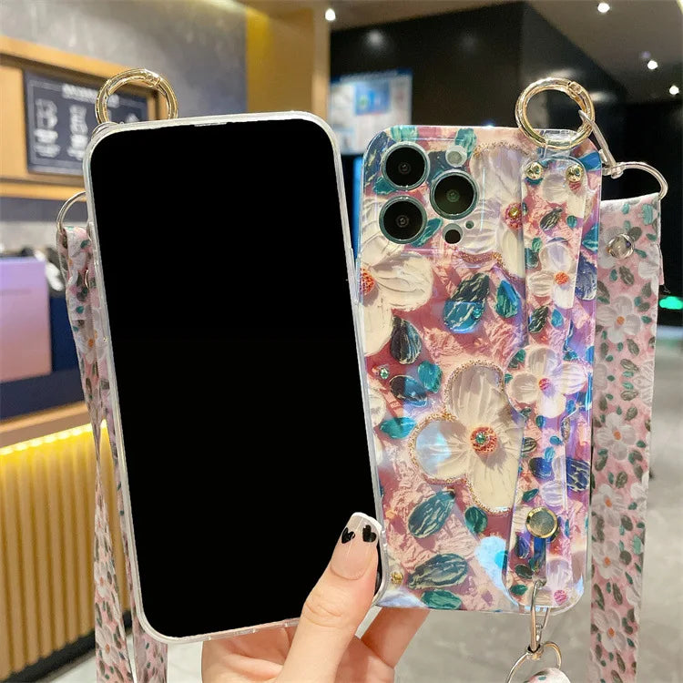 Fashion Oil Painting Flower Crossbody Lanyard Wrist Strap Phone Case For iPhone