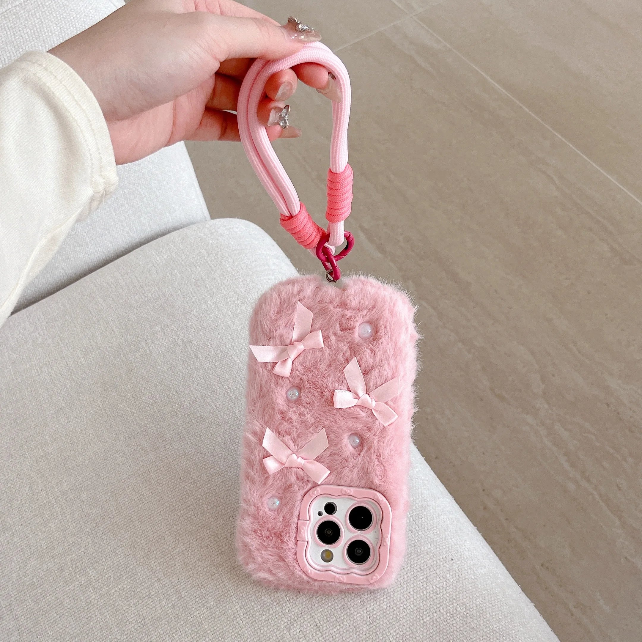 Simple Solid Color Plush Bow Pearl Plush Phone Case