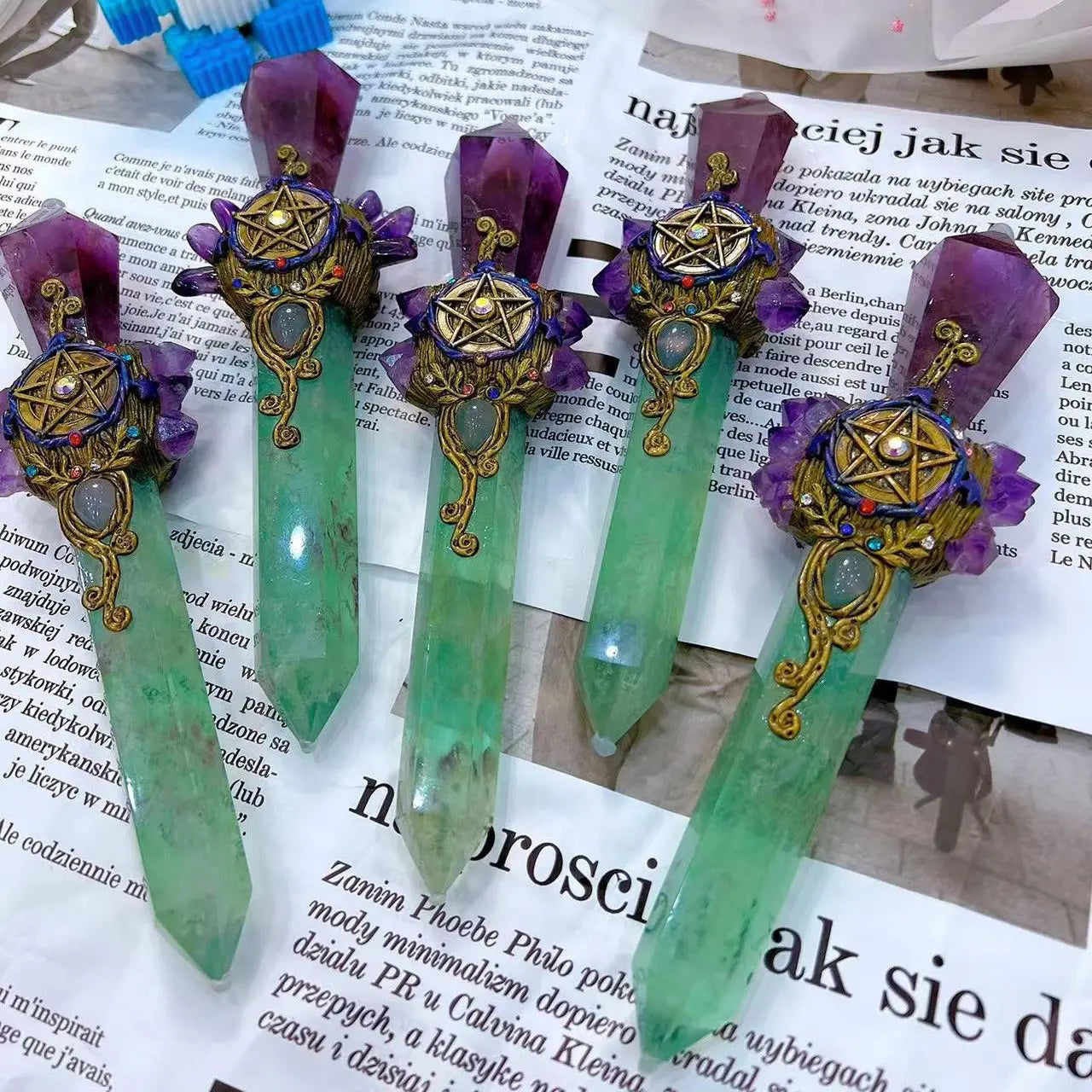Green Fluorite and Amethyst Pentacle Witch Wand